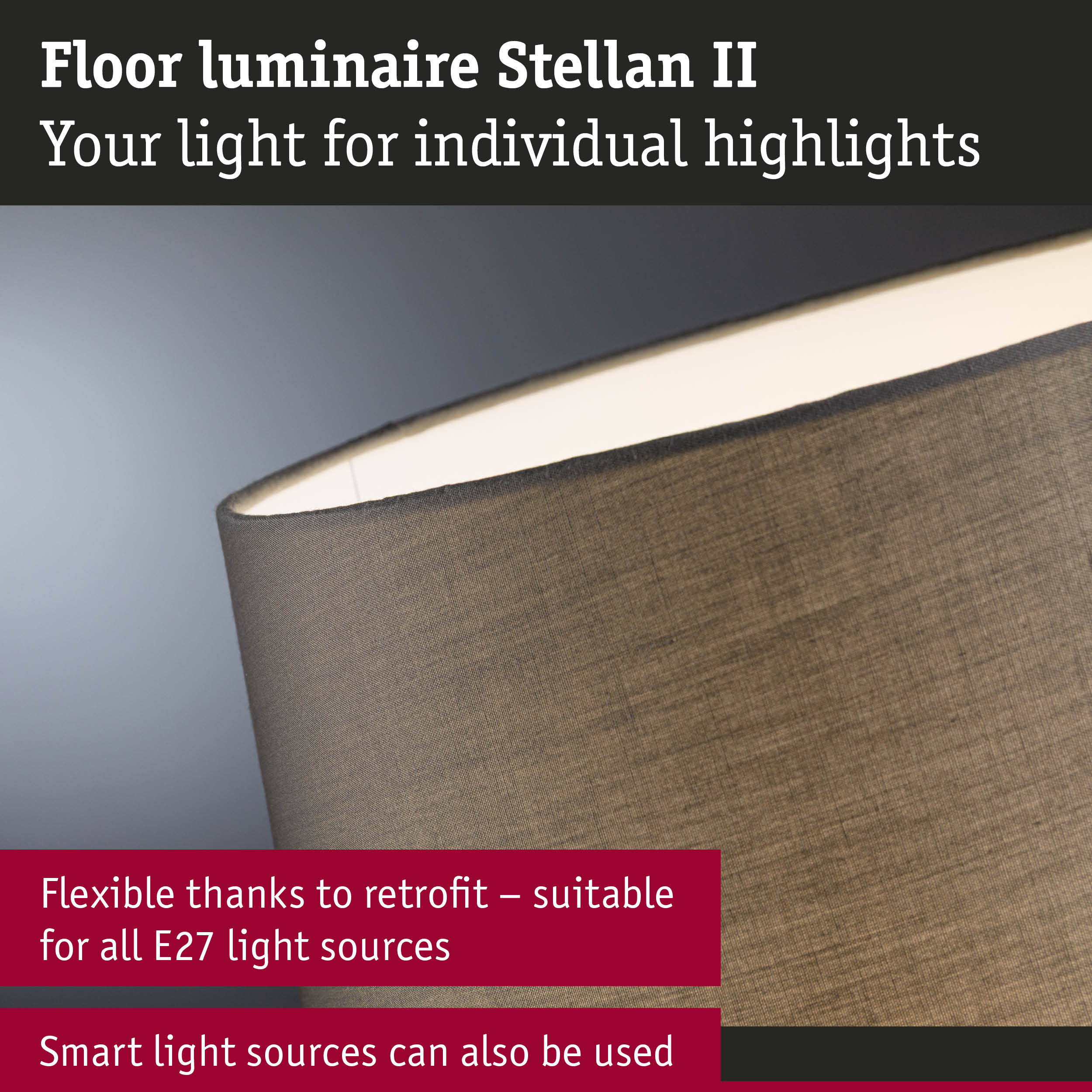 Lampa podłogowa Stellan II z szarym abażurem i oświetleniem. Elastyczna i smart.