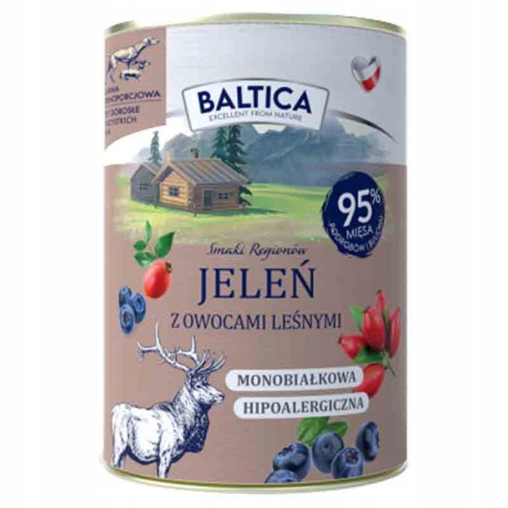 Puszka karmy dla psów z jeleniami, owocami leśnymi, 95% mięsa.