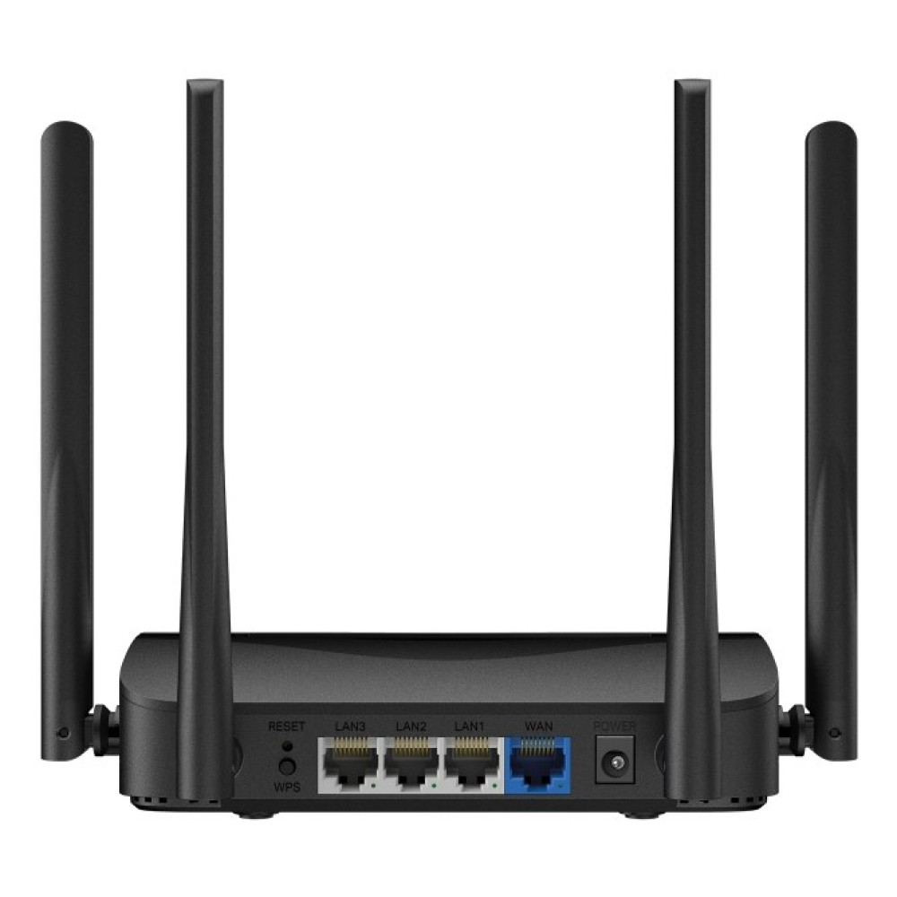 Czarny router z czterema antenami i portami: Reset, WPS, 3x LAN, WAN, Power.