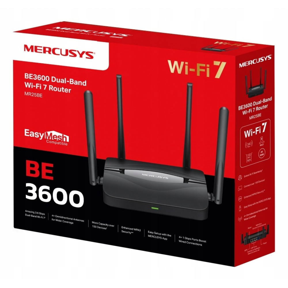 Czarny router MERCUSYS BE3600 Dual-Band Wi-Fi 7 z czterema antenami.