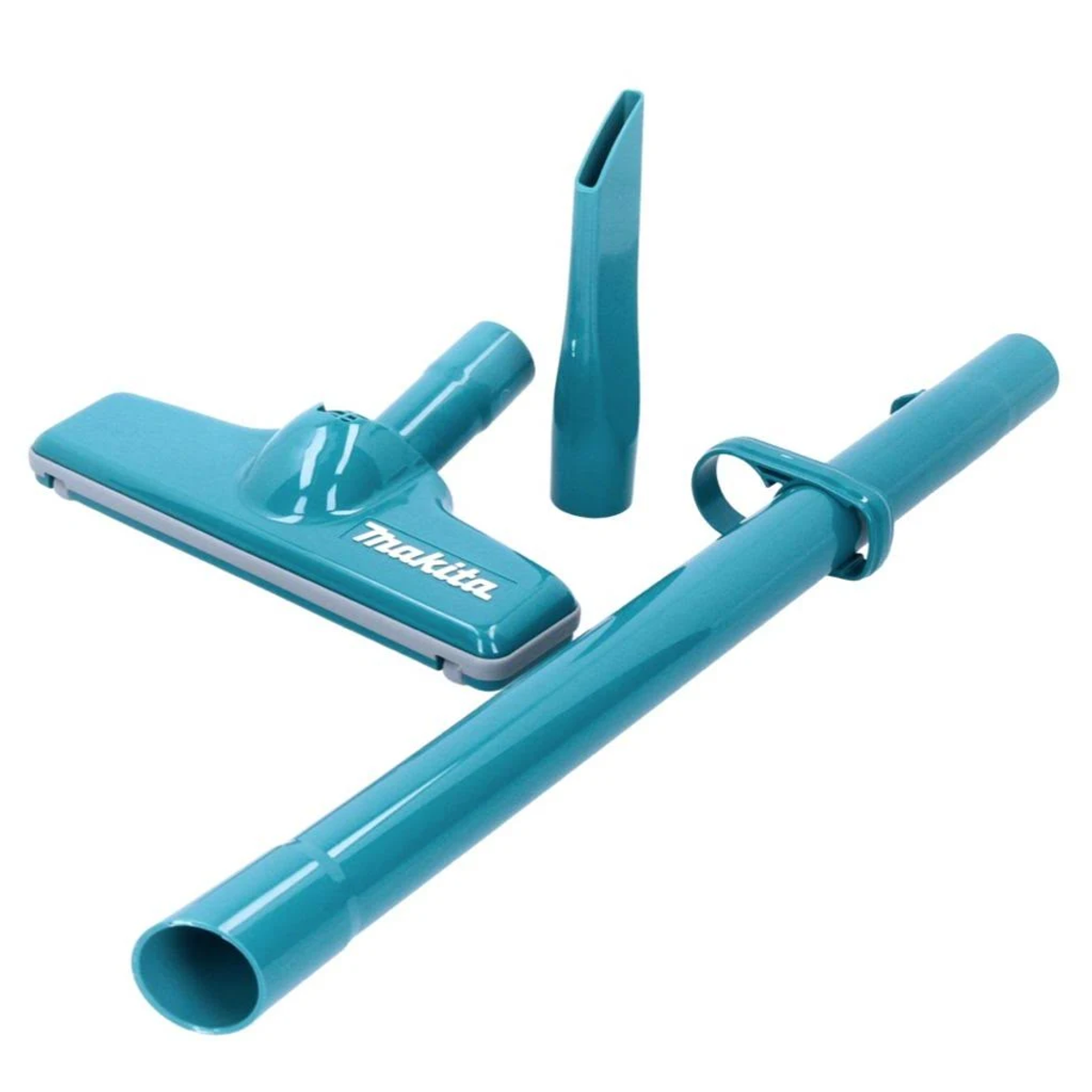 Trzy turkusowe akcesoria do odkurzacza Makita: dysza podłogowa, rura i wąska ssawka szczelinowa.