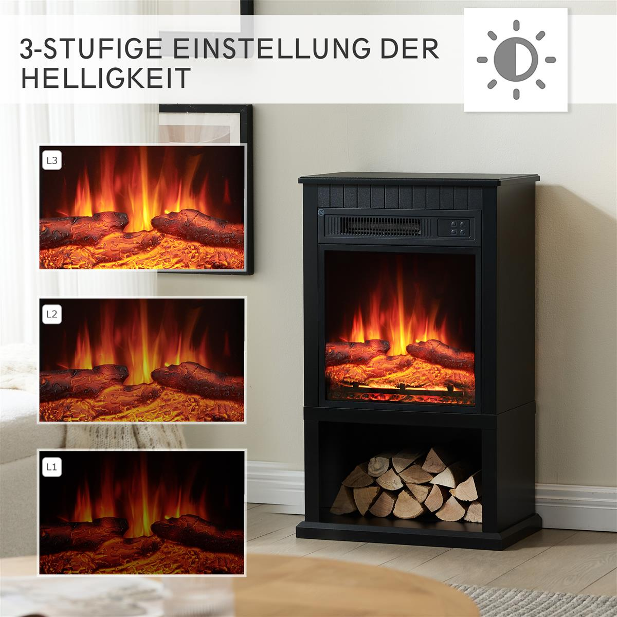 Elektrischer Kamin mit drei Helligkeitsstufen, Flammen und Holz.