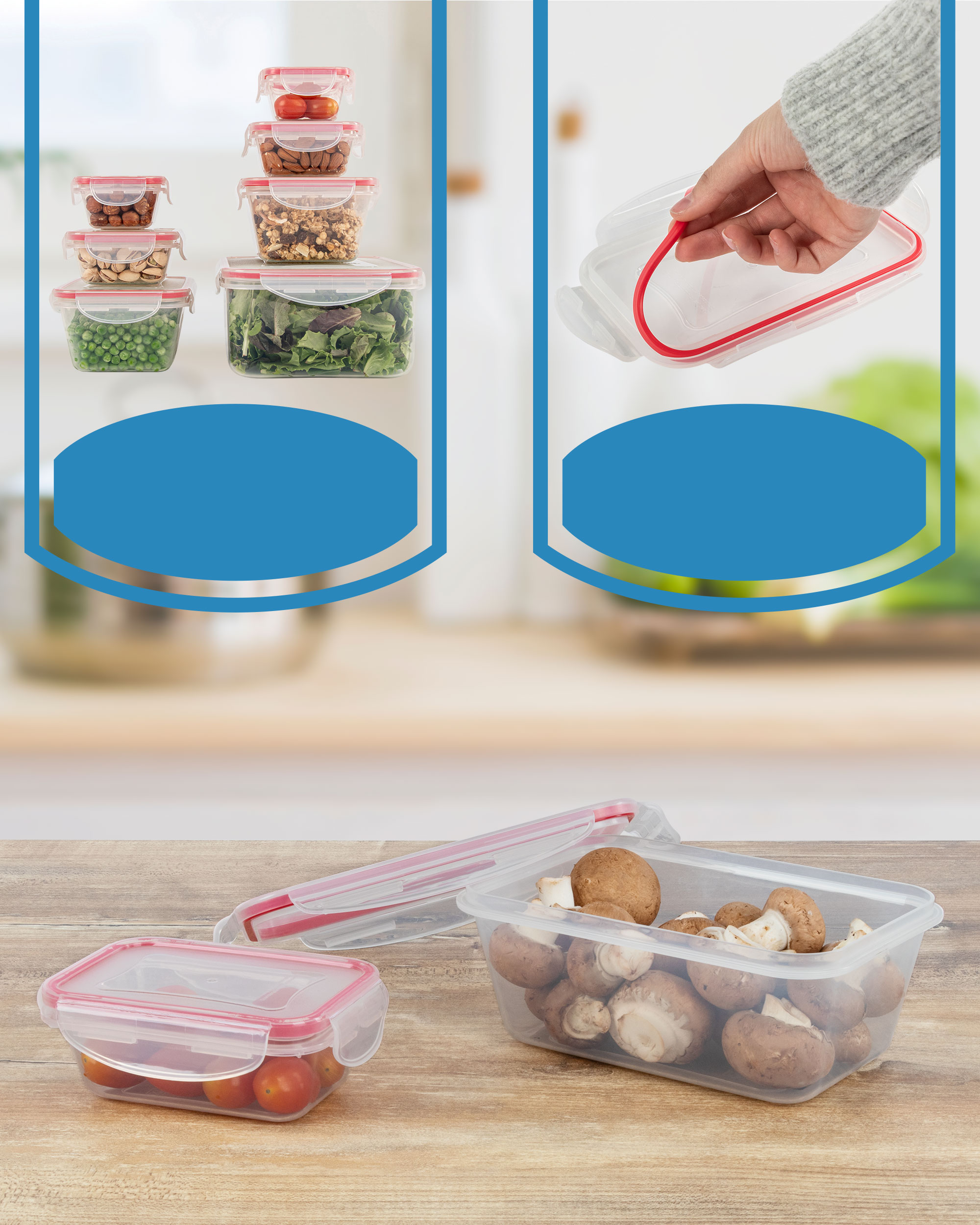 Contenitori per alimenti con coperchi rossi: ripieni di pomodorini, noci, muesli, piselli e insalata.