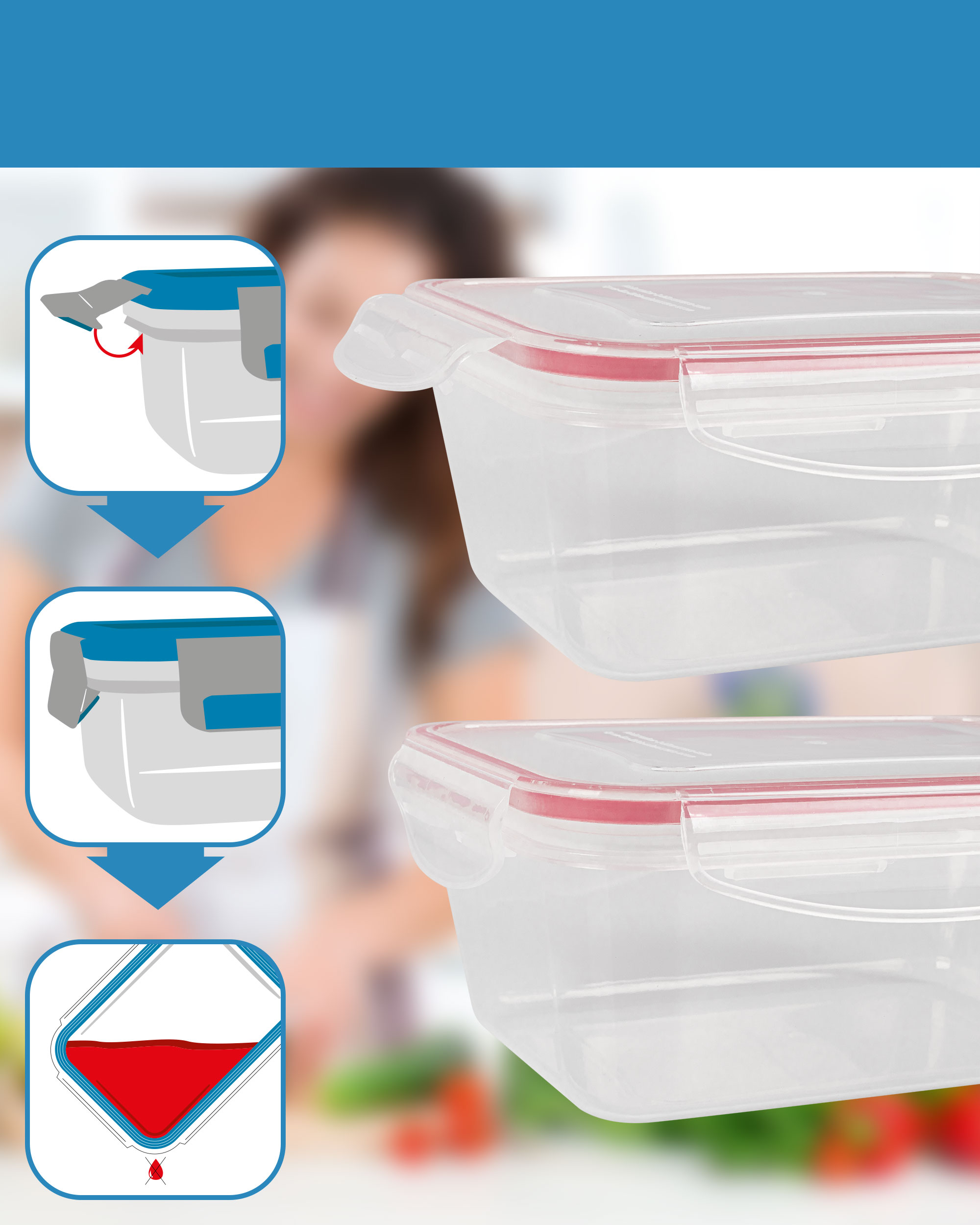 Contenitore alimentare trasparente con guarnizioni e clip rosse. Istruzioni mostrate.