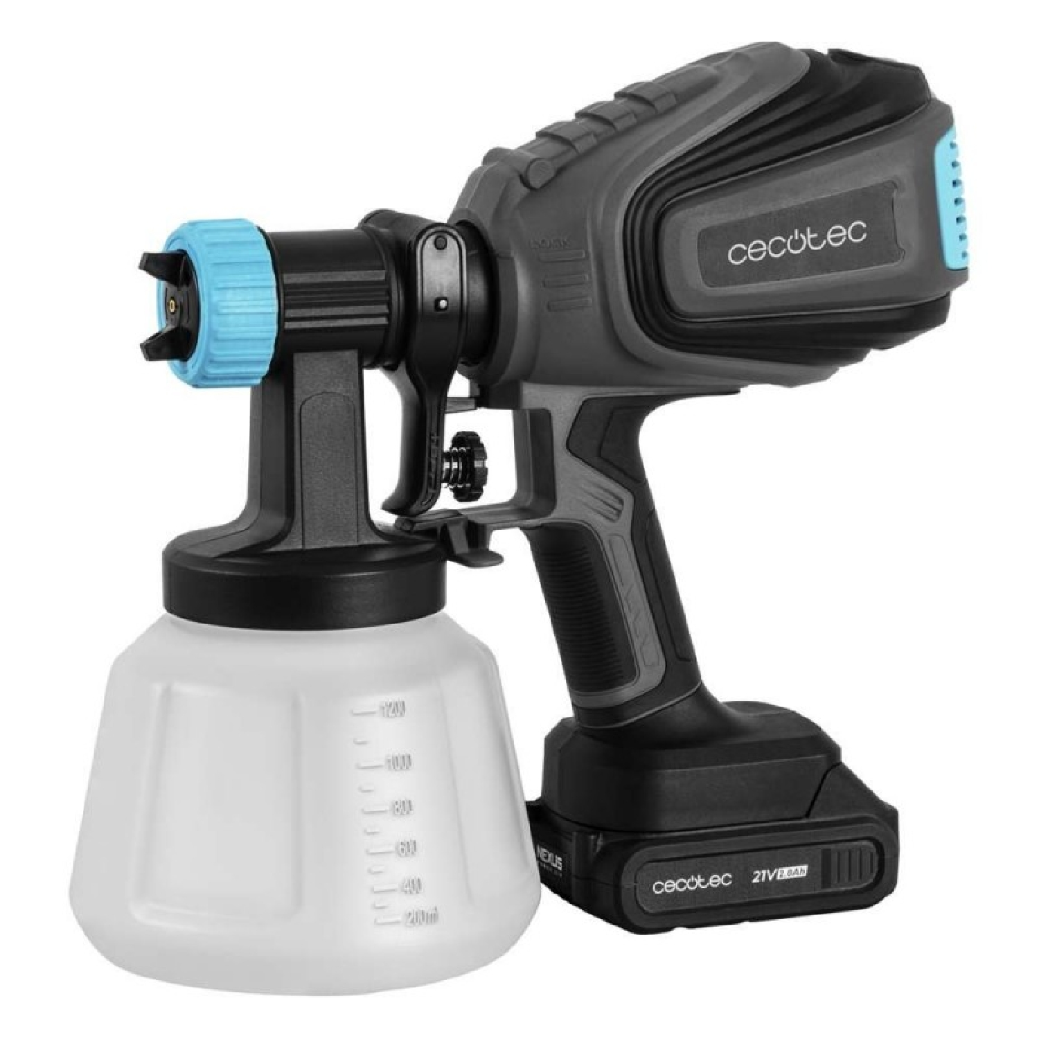 Uno spruzzatore di vernice cordless con contenitore bianco e manico nero.