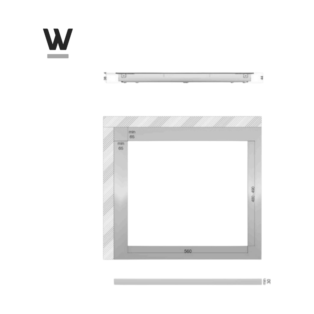 Technische tekening van een inbouwframe met afmetingen.