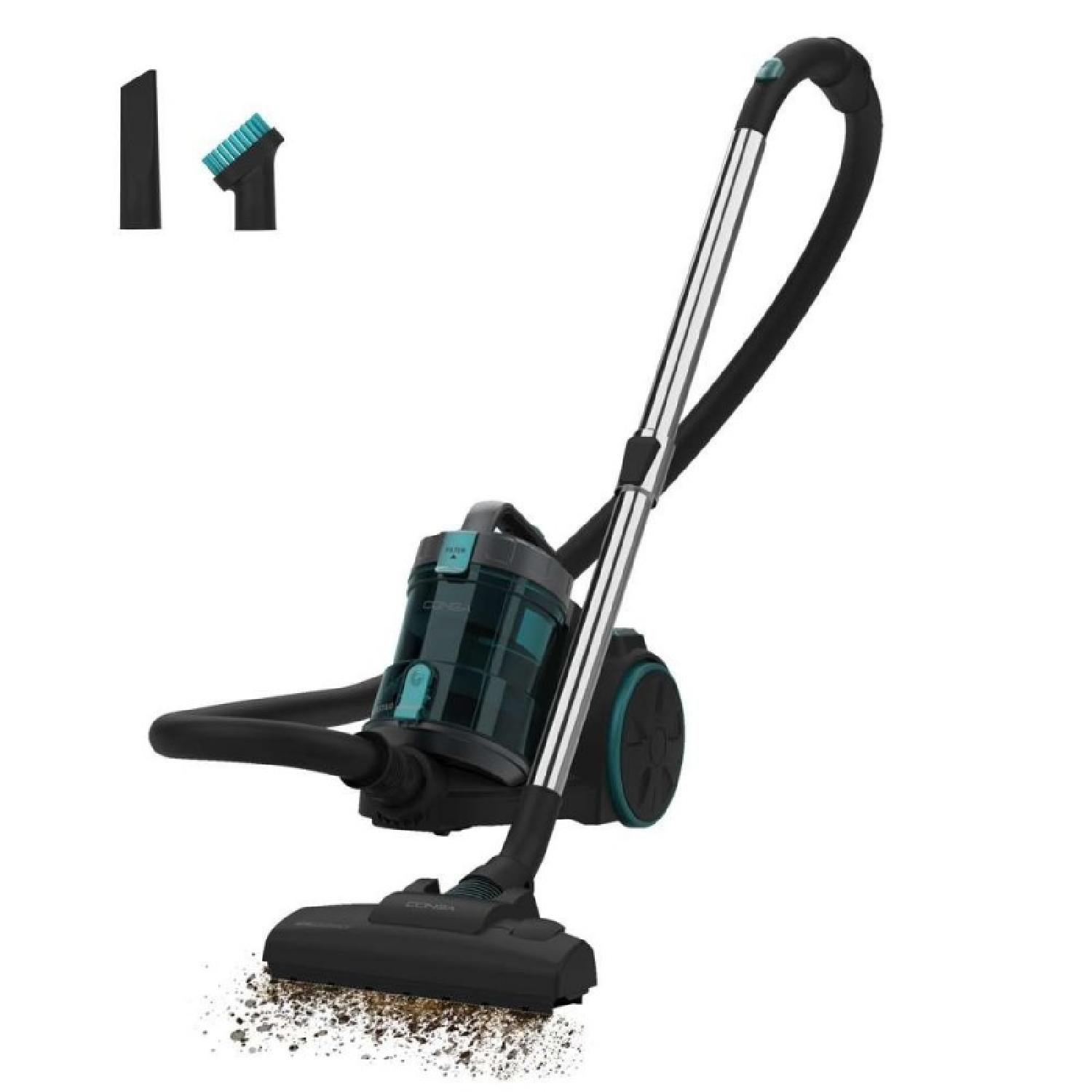 Un aspirapolvere nero e turchese con accessori pulisce lo sporco.