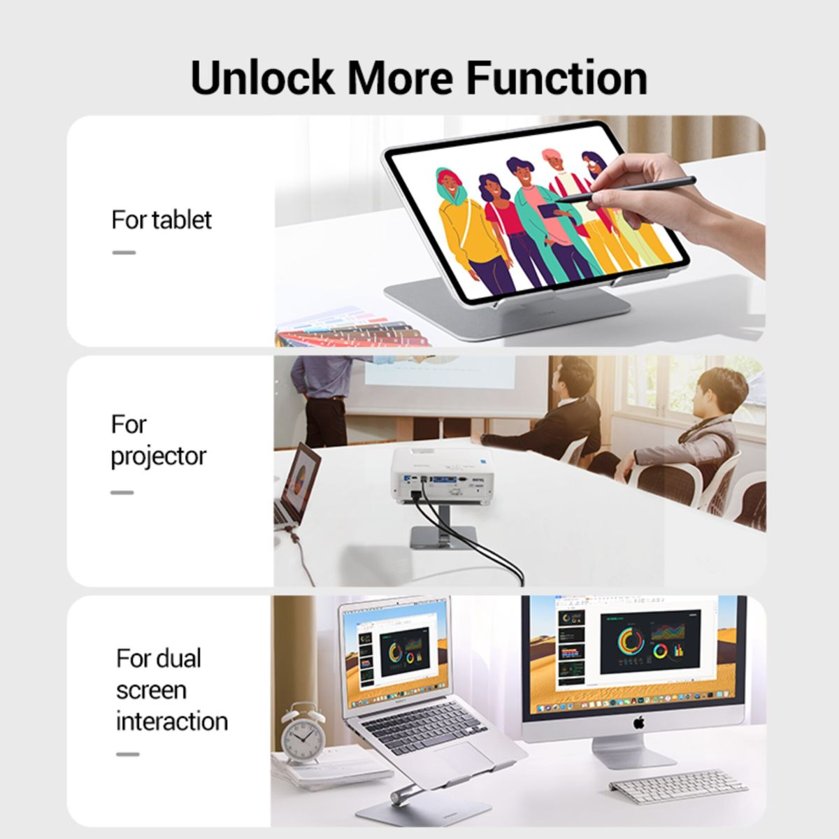 Tablet, projektor i komputer na stojakach do różnych zastosowań.