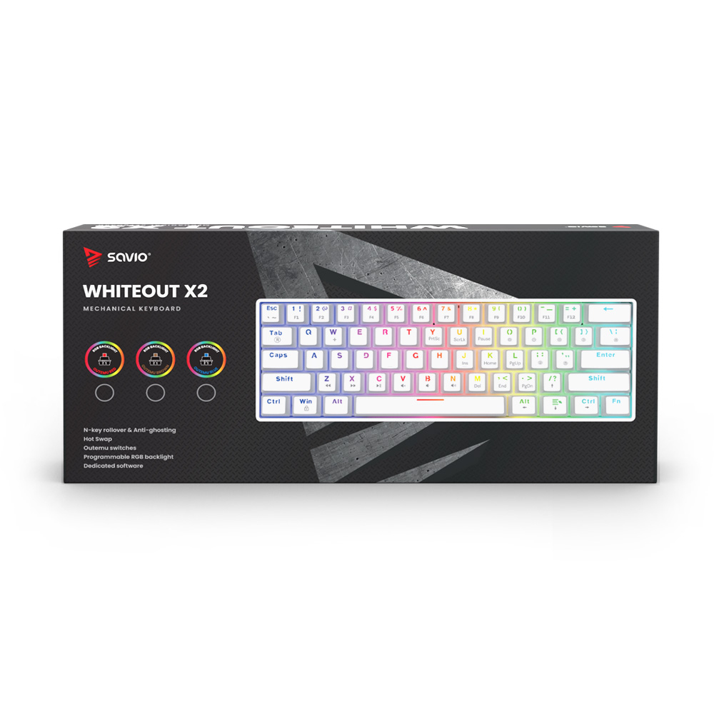 Opakowanie klawiatury mechanicznej Savio Whiteout X2 z białą klawiaturą i podświetleniem RGB.