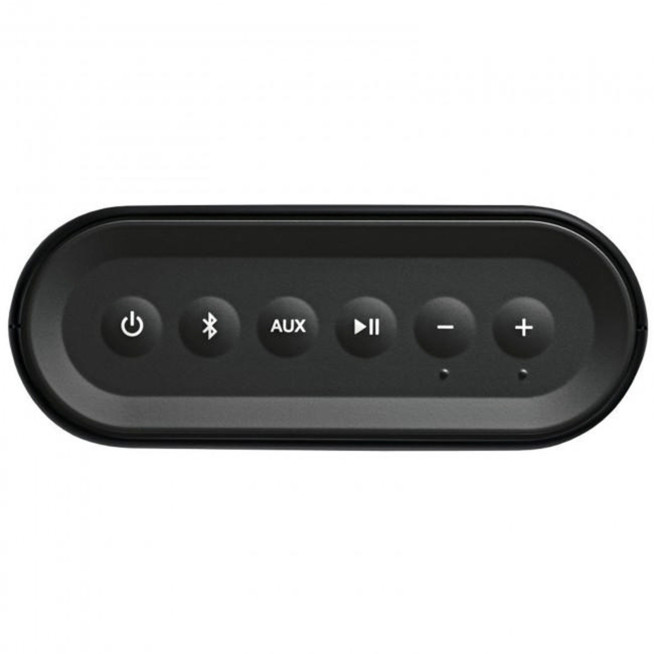 Siyah hoparlör kontrolleri: güç, Bluetooth, AUX, oynat/duraklat, sesi kıs, sesi aç.