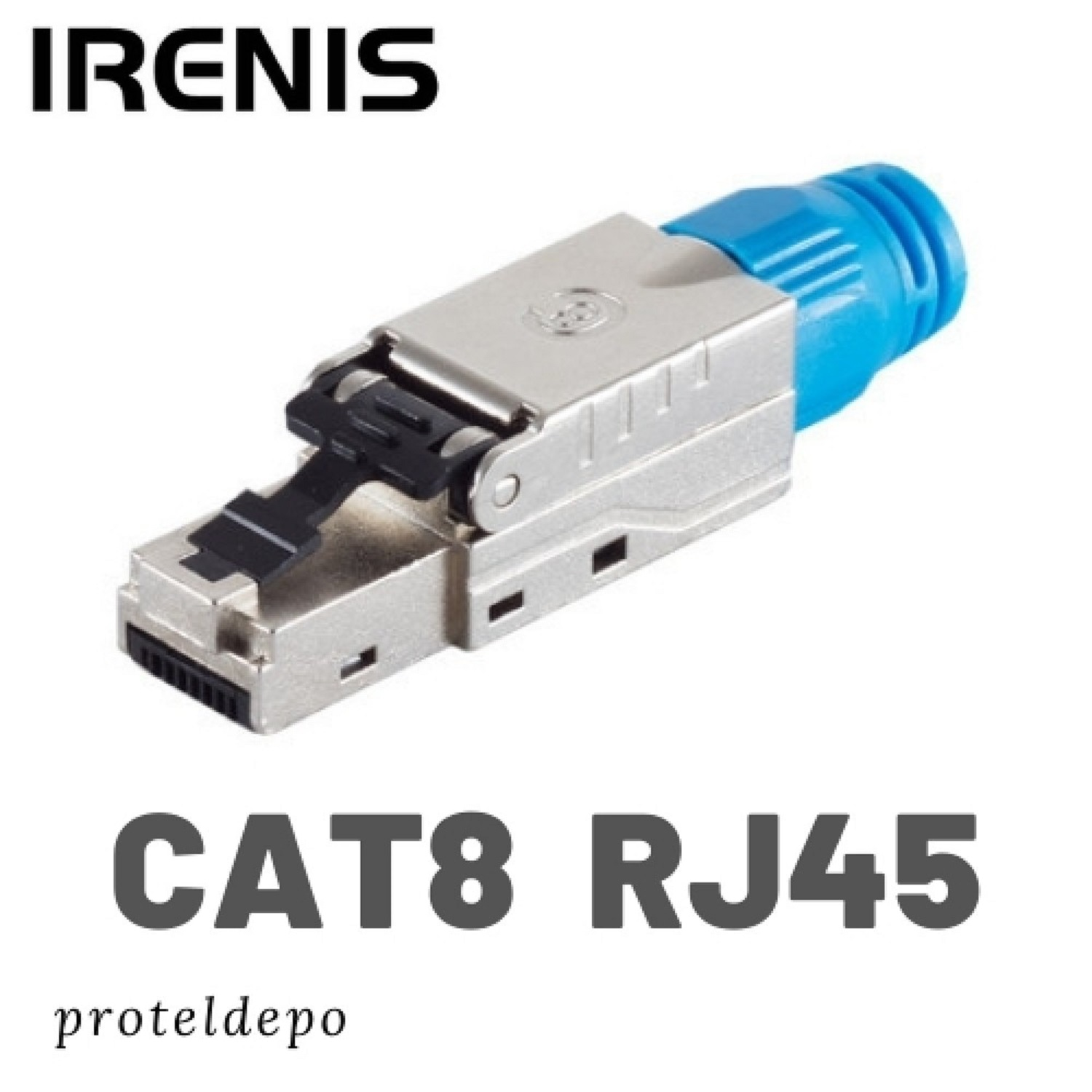 Mavi koruyucu yaka ve gümüş metal kasalı CAT8 RJ45 konektörü.
