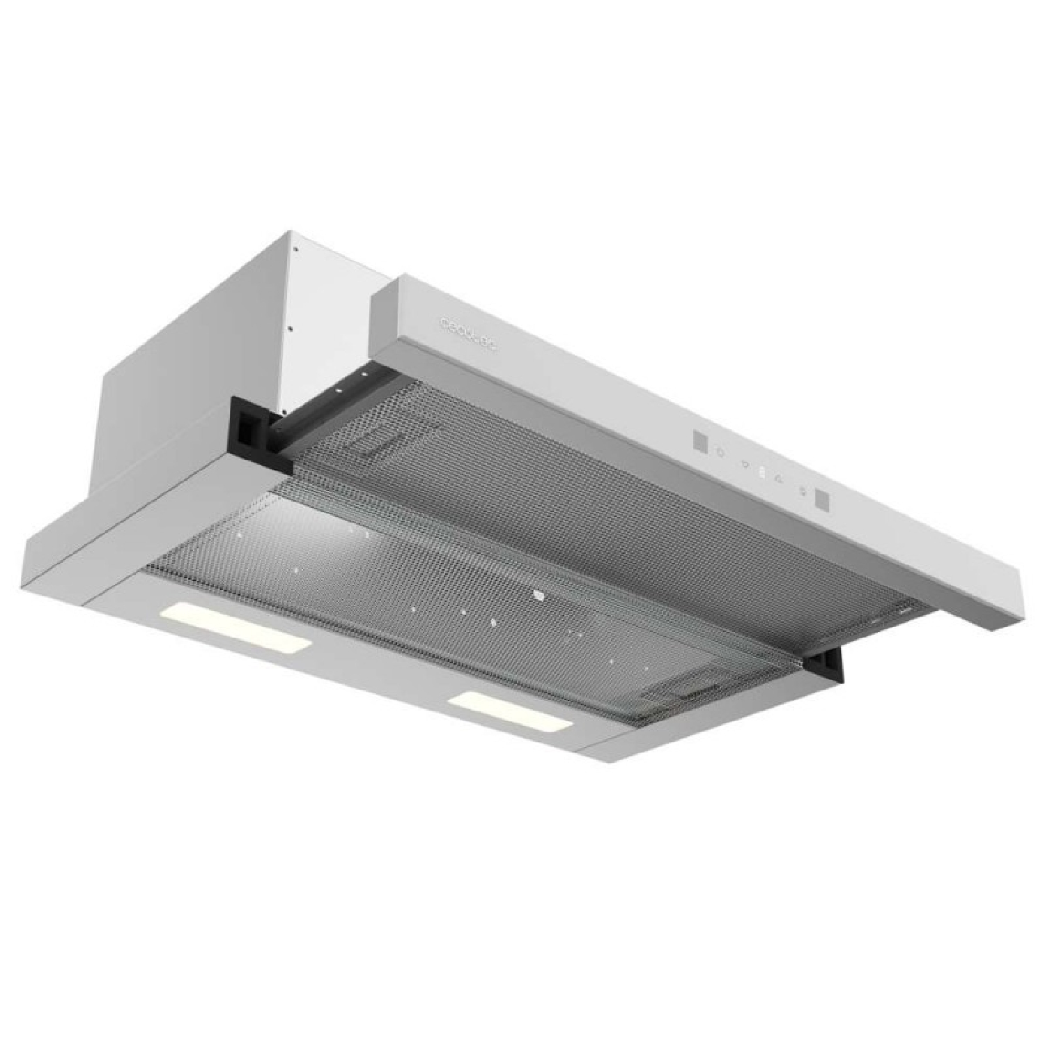 Una campana extractora blanca con rejilla metálica y luces.