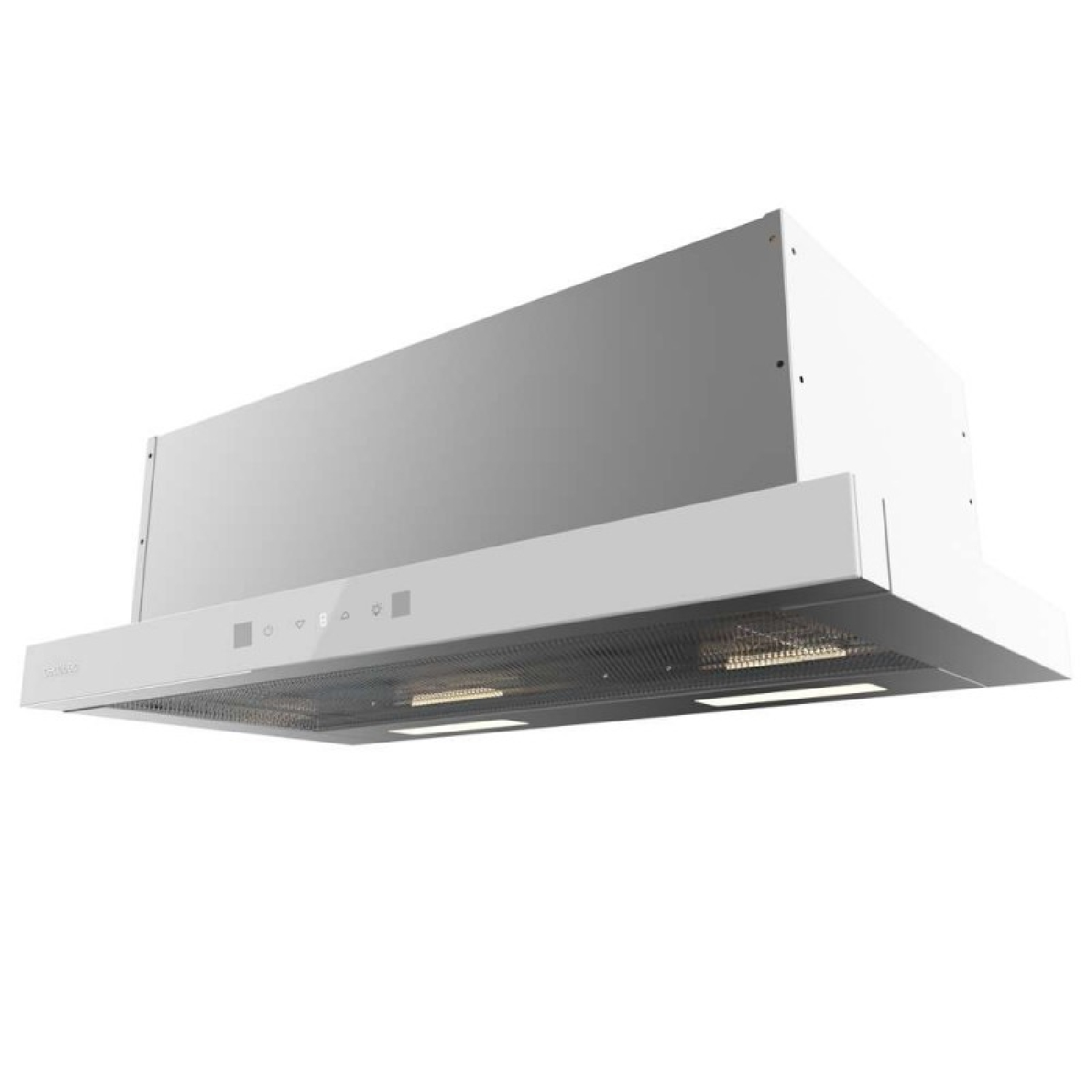 Una campana extractora blanca con panel de control táctil y luces.