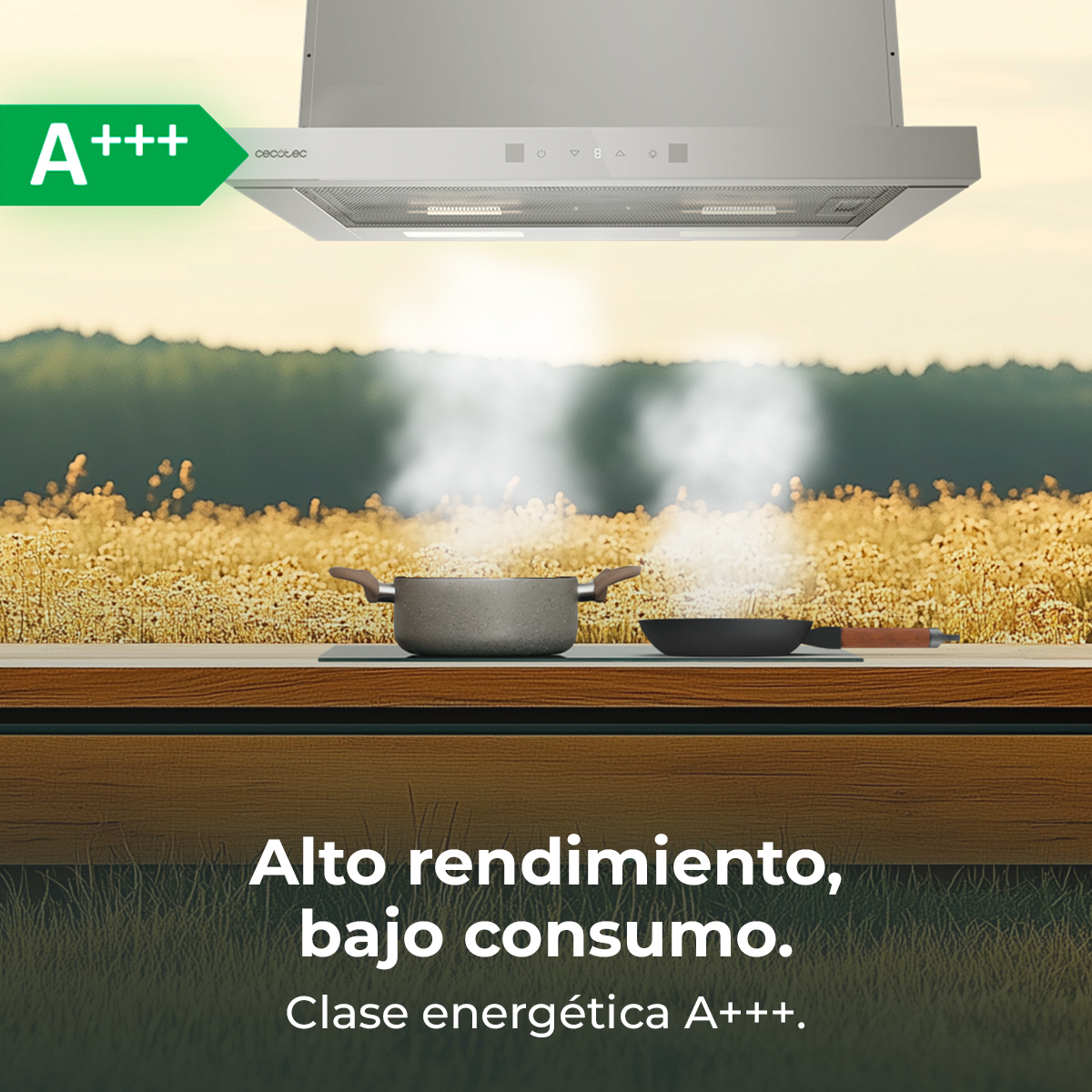 Campana extractora con calificación A+++ sobre ollas con vapor.