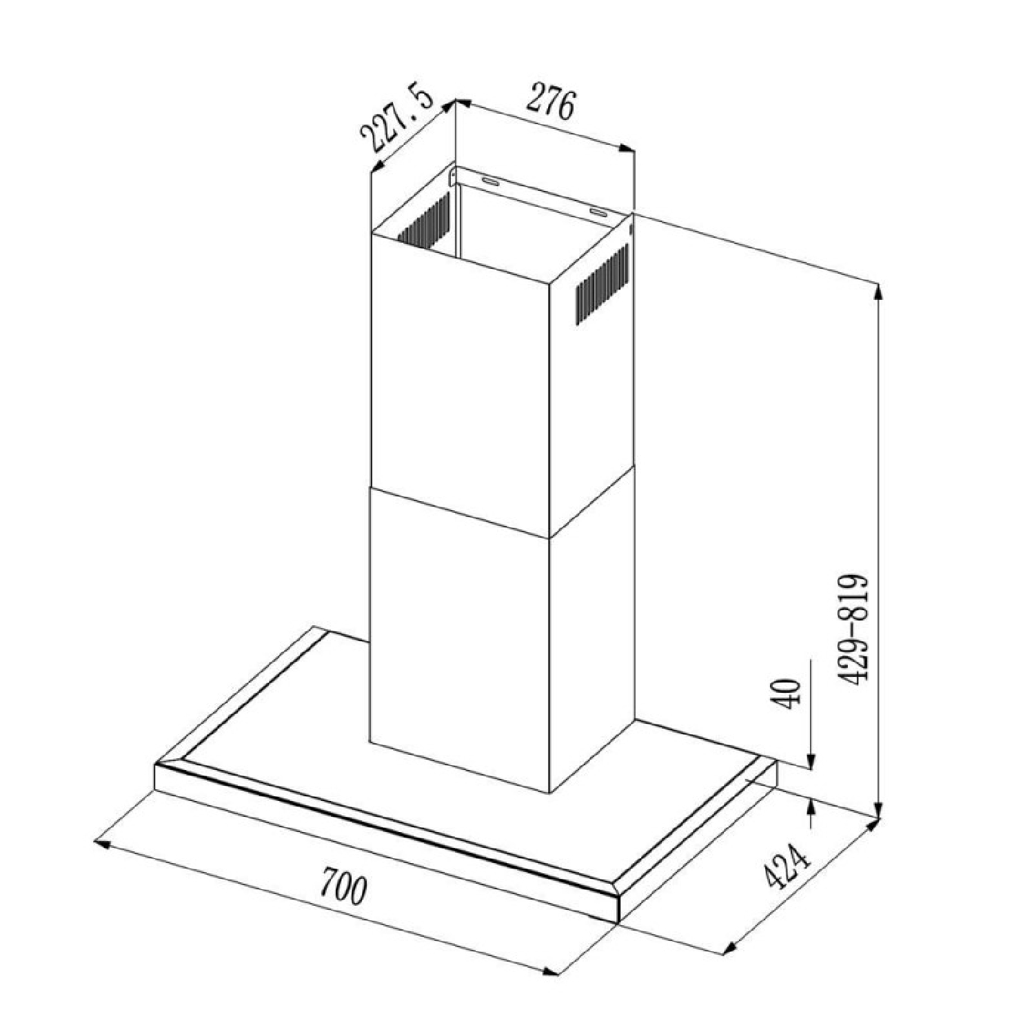 Dibujo técnico de una campana extractora con dimensiones.