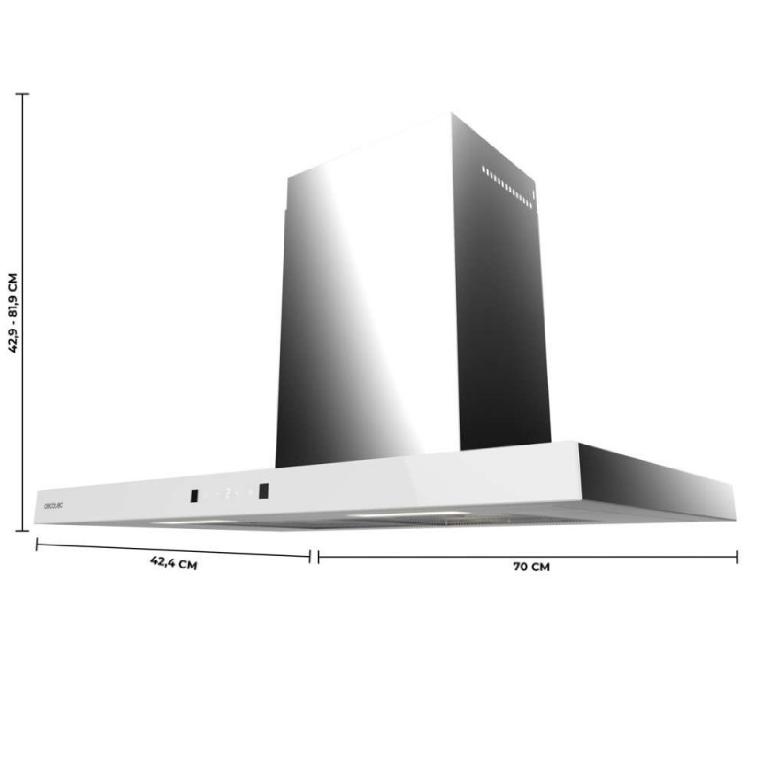Una campana extractora blanca con chimenea plateada y dimensiones.