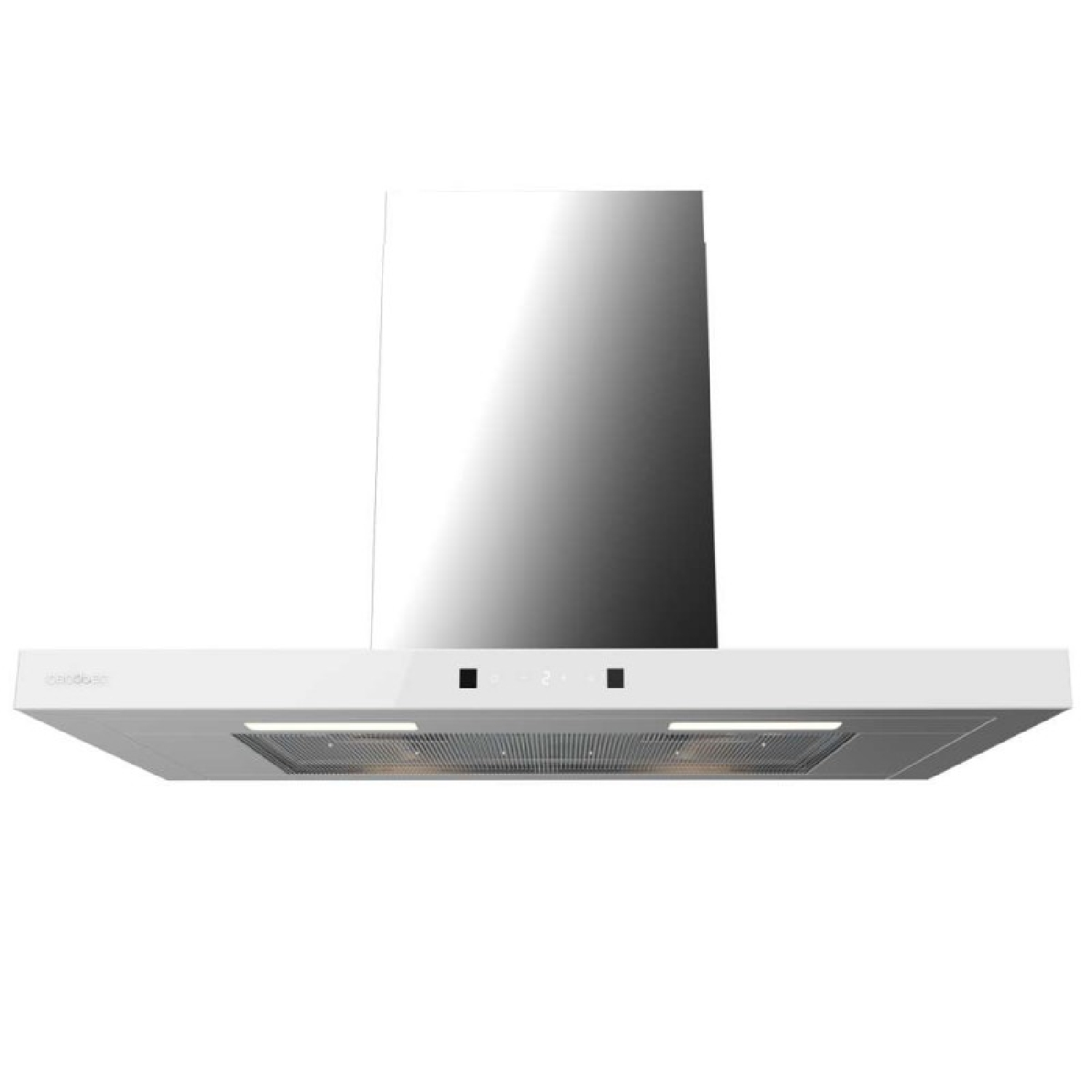 Una campana extractora blanca con chimenea de acero inoxidable y luces.