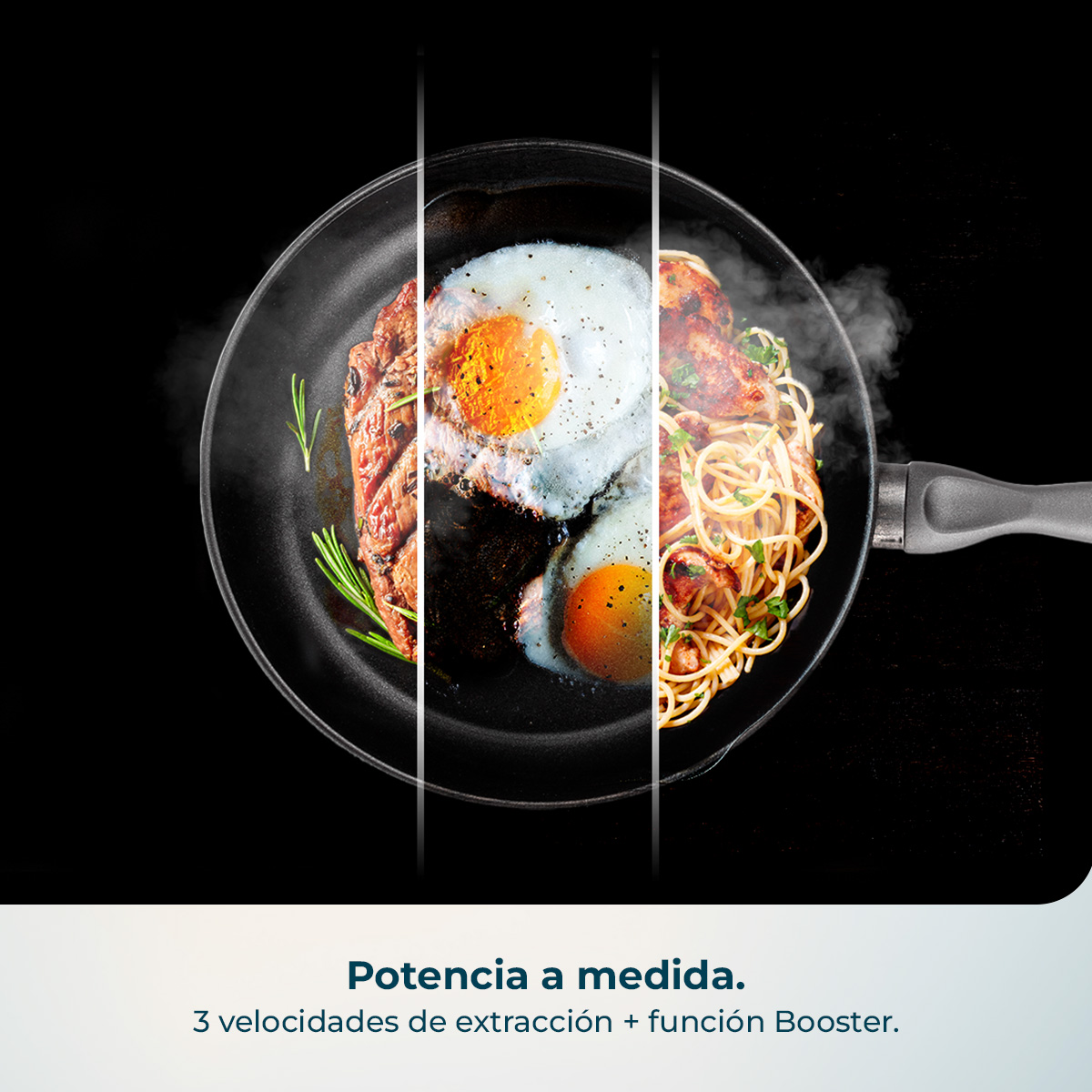 Una sartén con bistec, huevos y pasta. Negro sobre fondo negro.