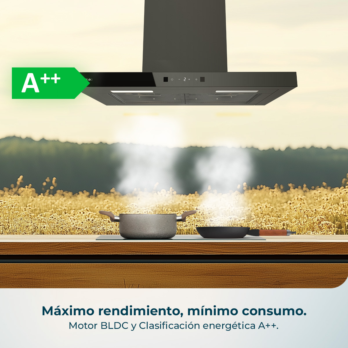 Campana extractora A++ sobre utensilios de cocina en entorno exterior.