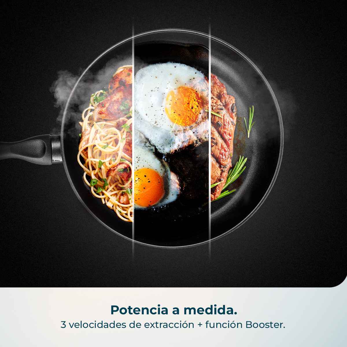 Una sartén muestra pasta, huevos fritos y bistec.