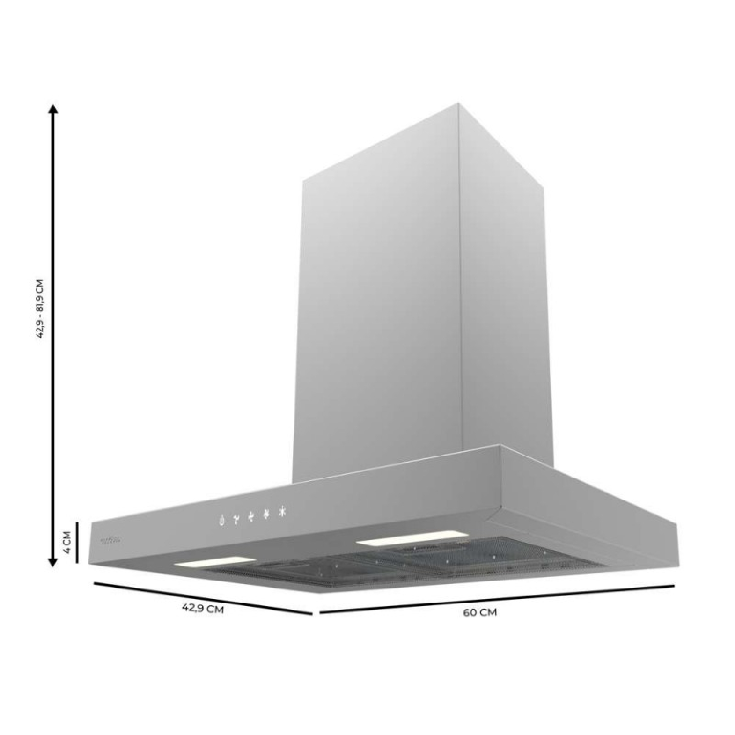 Cappa da cucina grigia con dimensioni 42,9 cm e 60 cm.