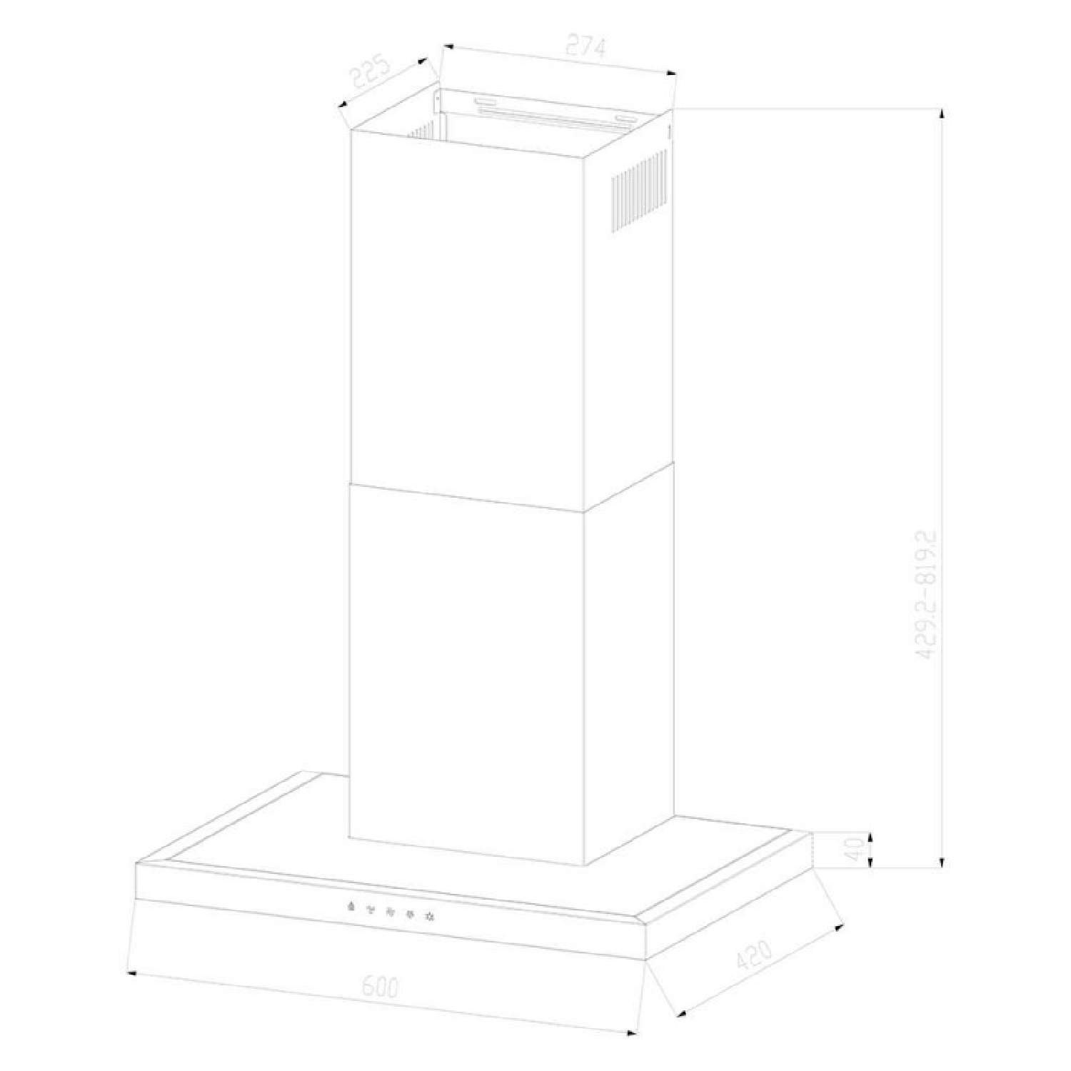 Disegno tecnico di una cappa da cucina con dimensioni.