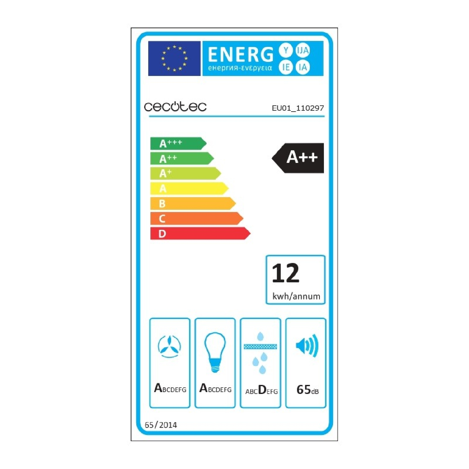 Etichetta energetica con classe A++, 12 kWh/anno, simboli ventola, lampada, acqua e suono.