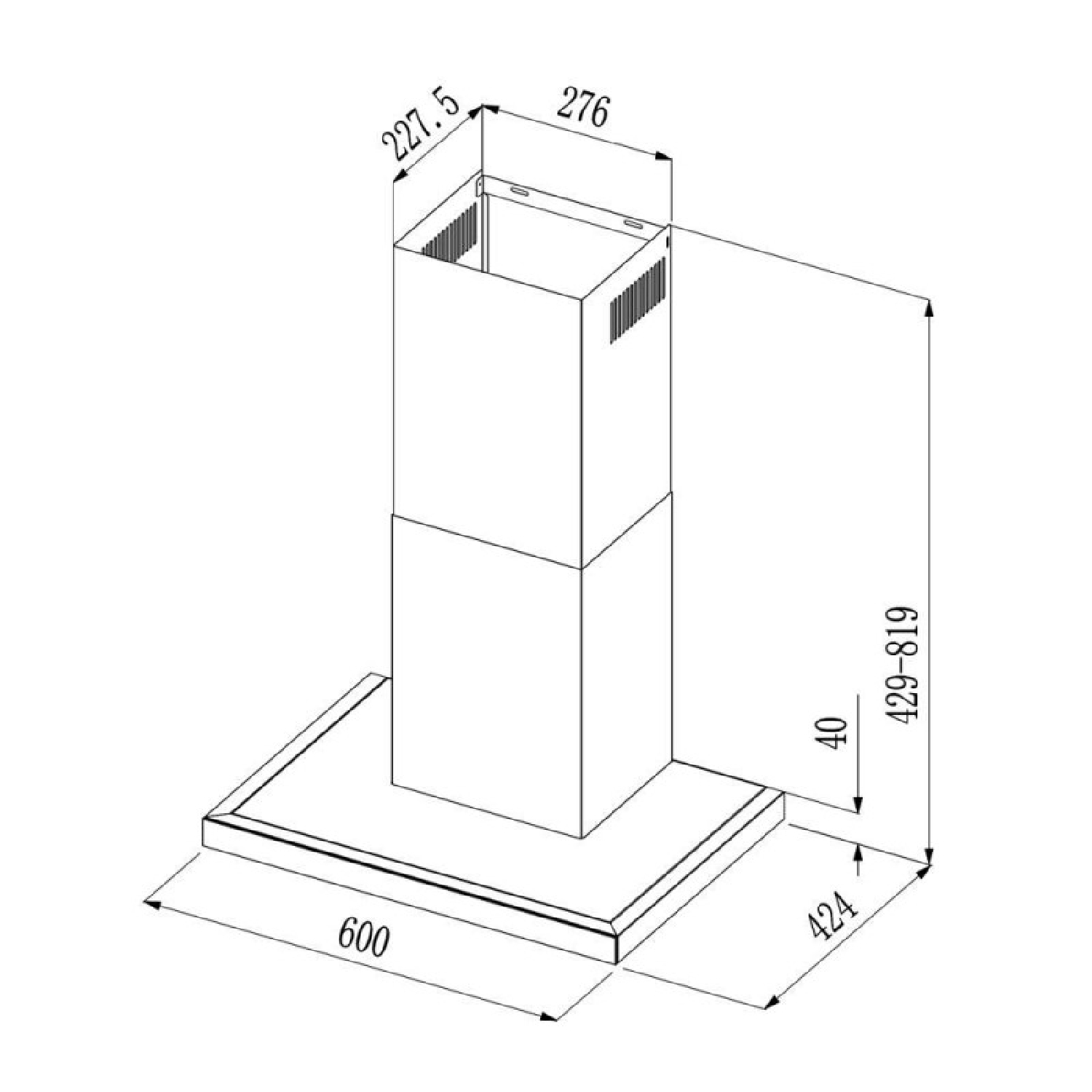 Disegno tecnico di una cappa aspirante con dimensioni.