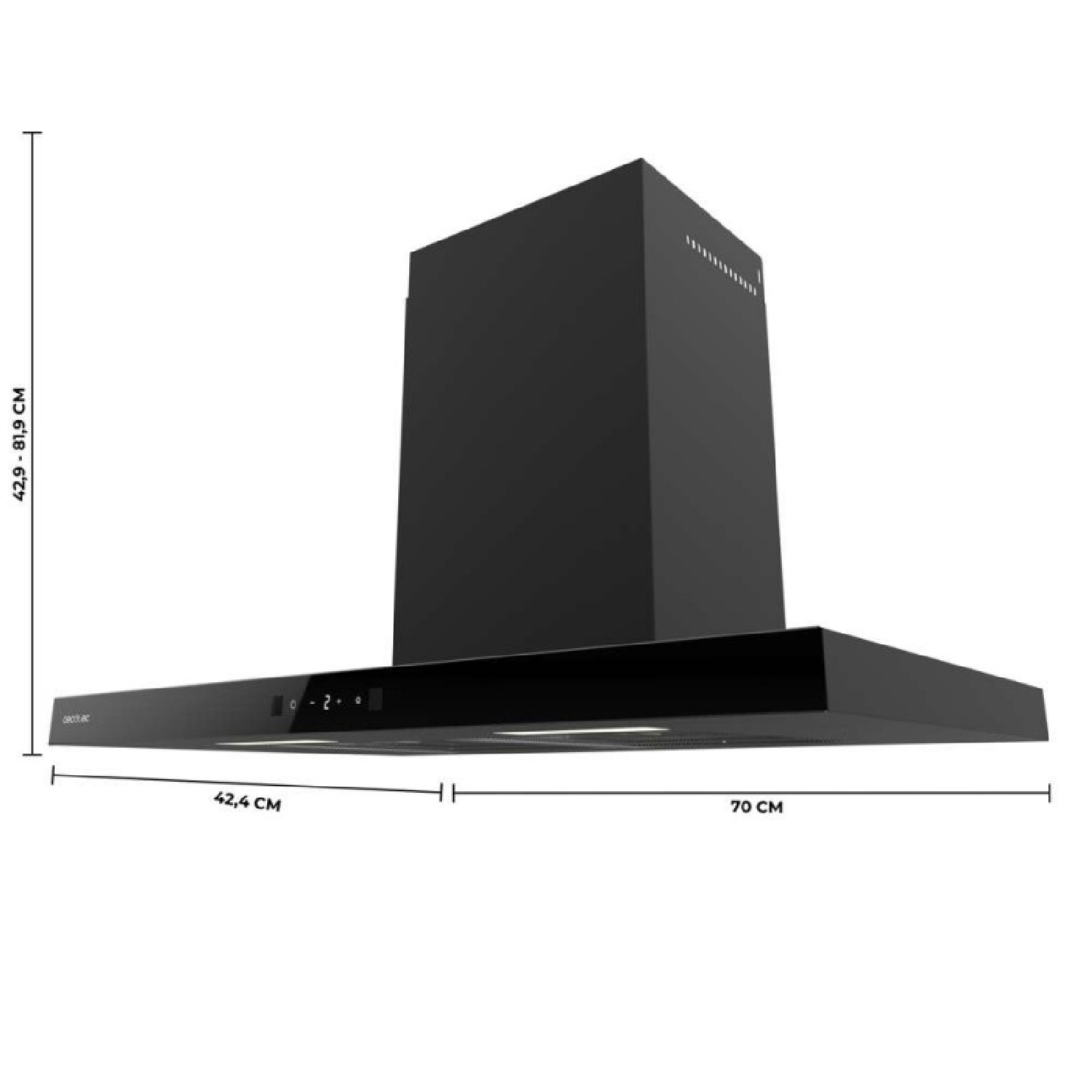 Campana extractora negra con chimenea rectangular y panel de control táctil.