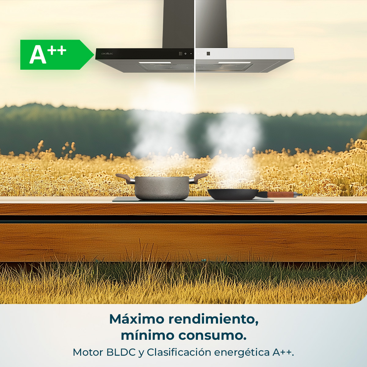 Campana extractora con clasificación A++ sobre ollas en un campo.
