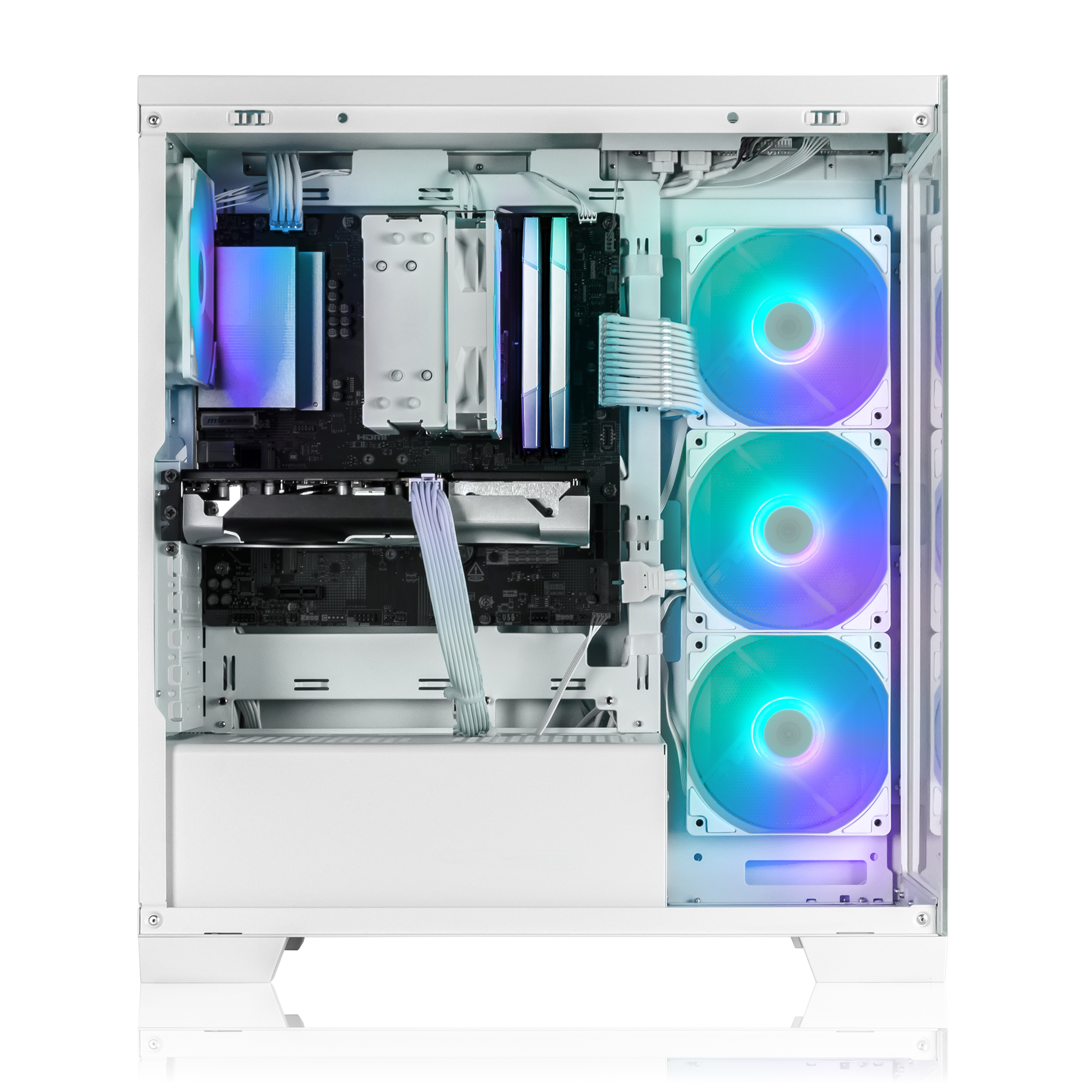 Ein weißes Computergehäuse mit RGB-Lüftern und Komponenten.