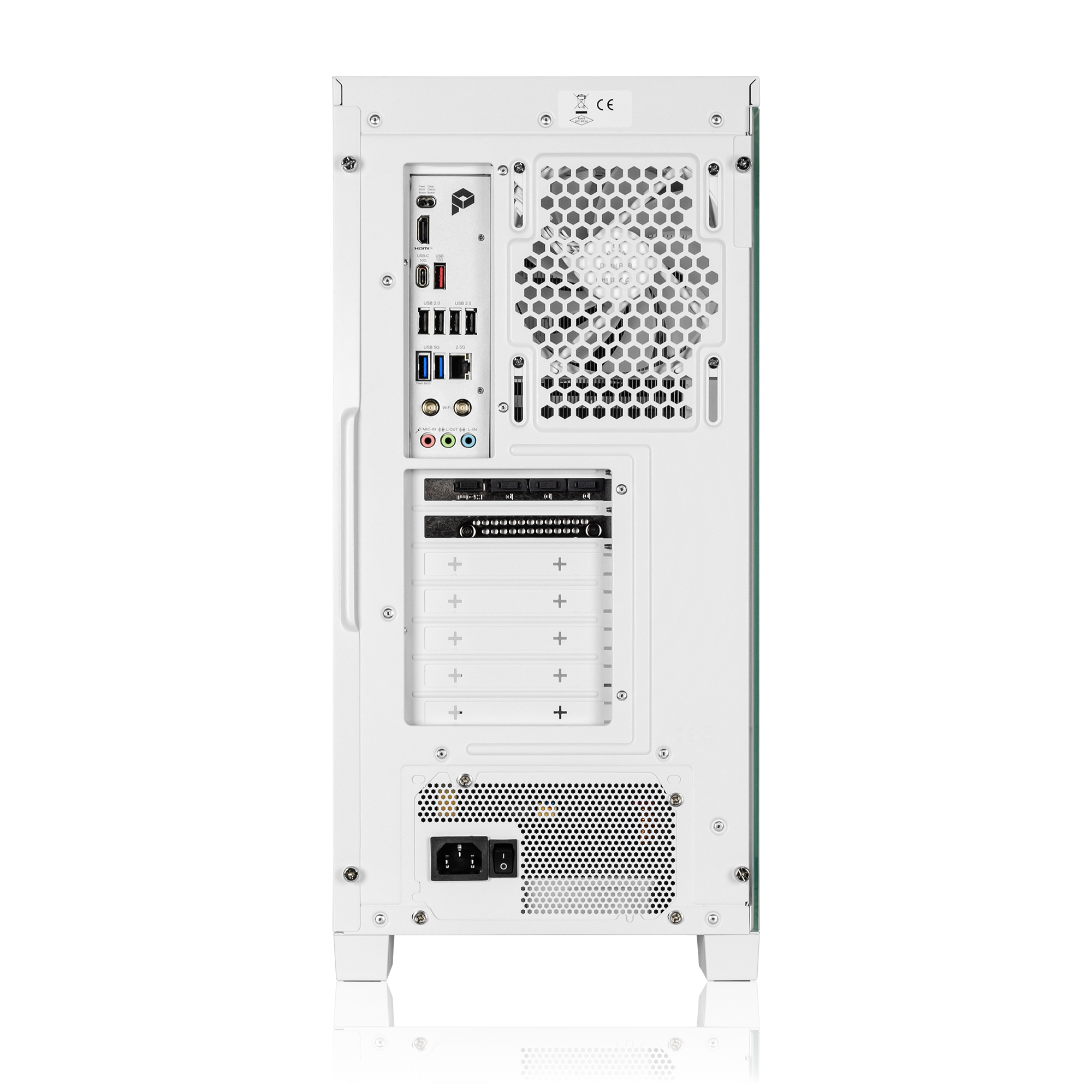 Rückseite eines weißen Computergehäuses mit Anschlüssen wie USB und HDMI.