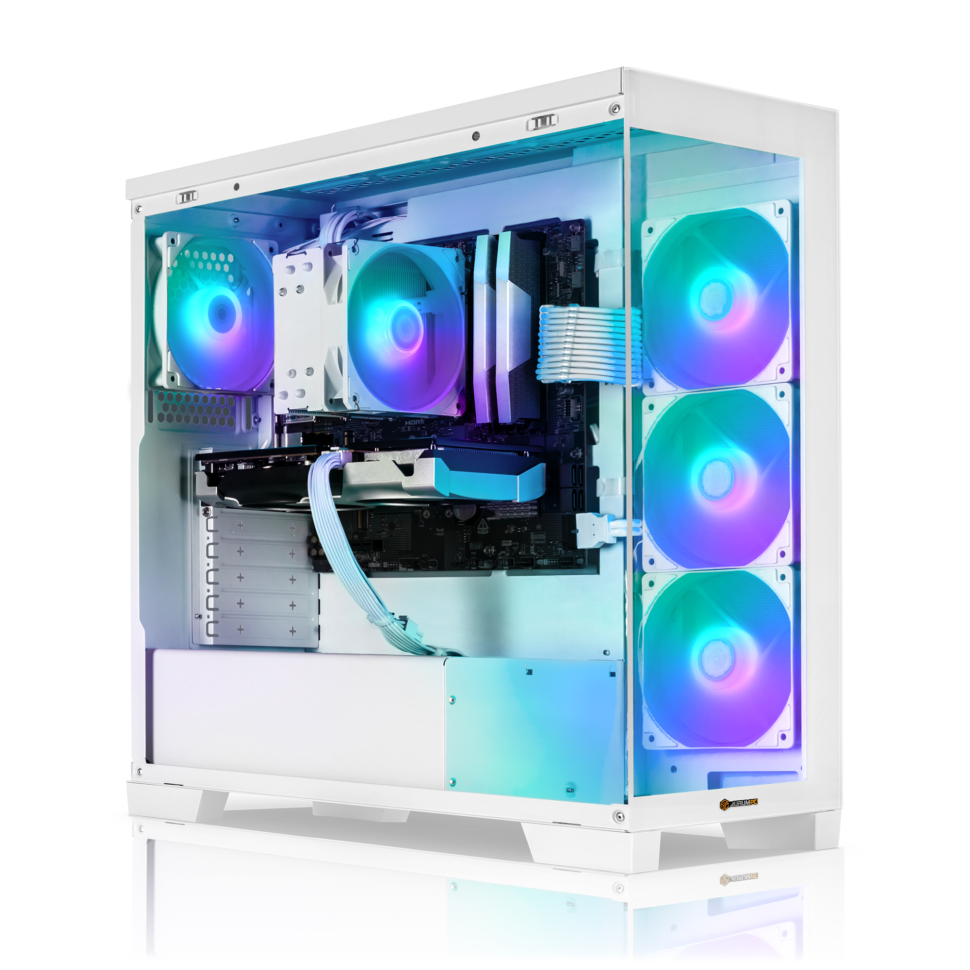 Ein weißes PC-Gehäuse mit RGB-Lüftern und sichtbaren Komponenten.