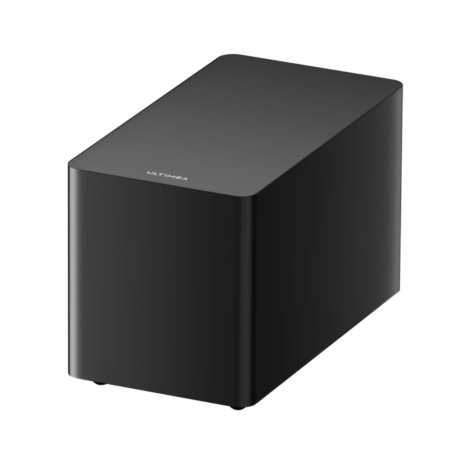 Czarny, prostokątny subwoofer z zaokrąglonymi krawędziami stoi na białym tle.