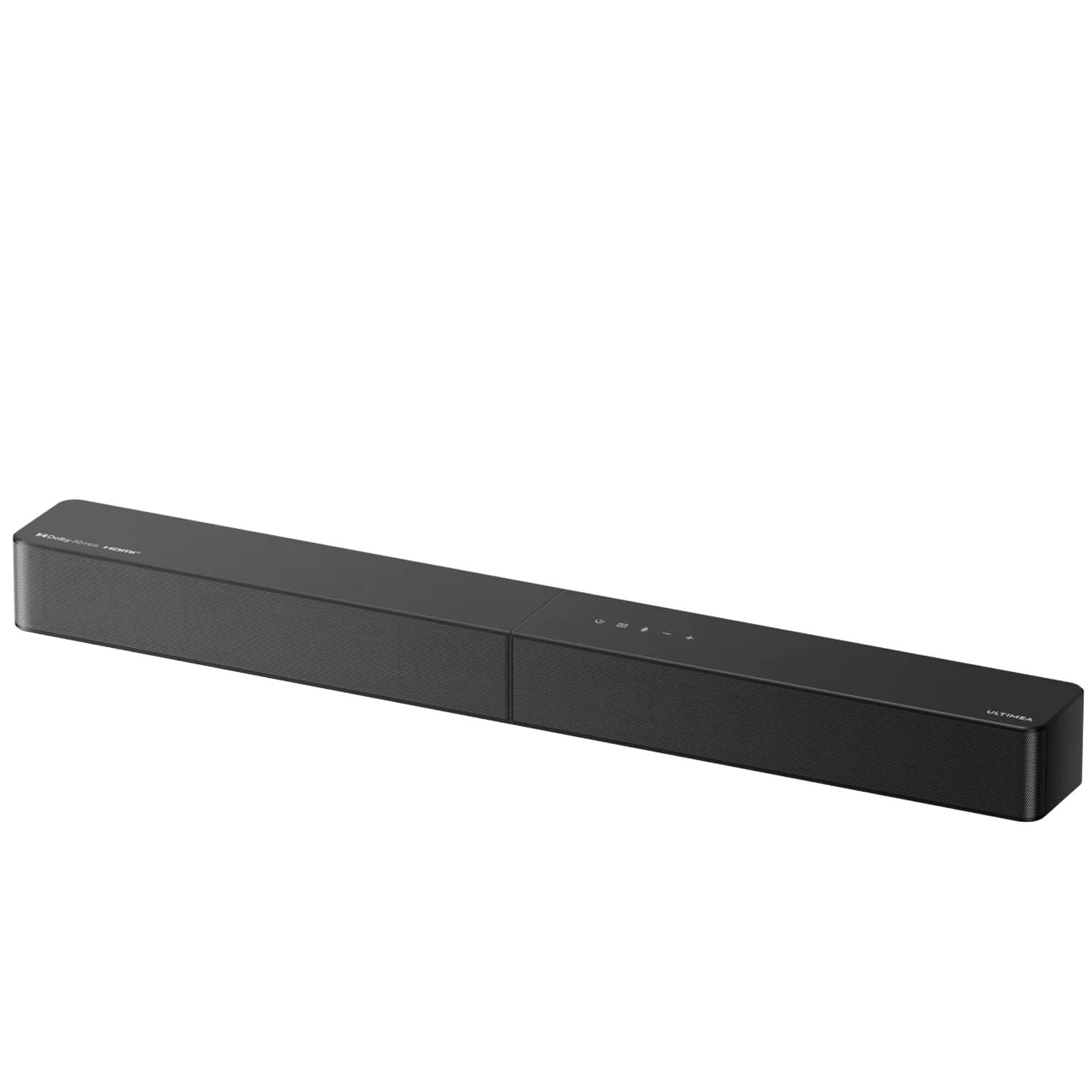Barre de son noire avec logos Dolby Atmos et HDMI.