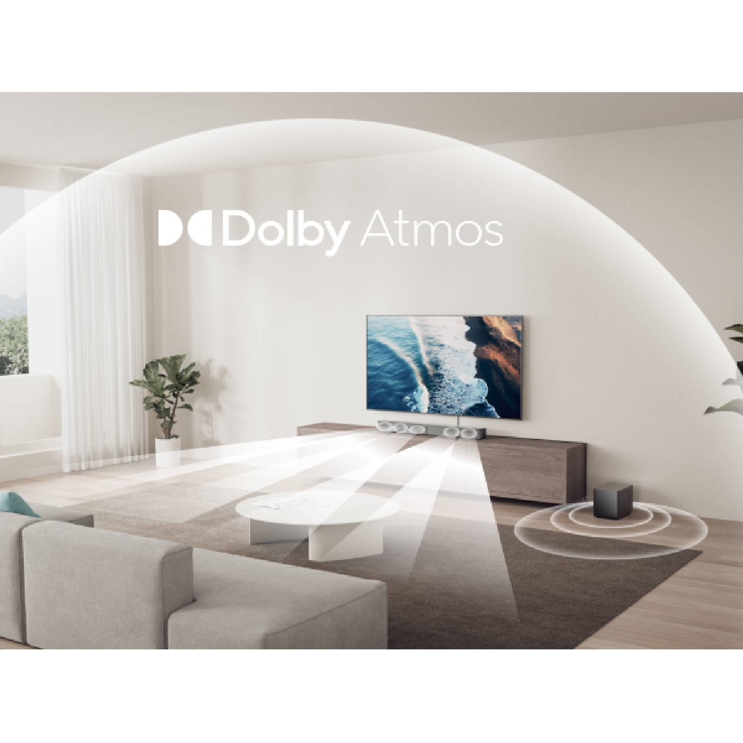 Un salon moderne affichant le logo Dolby Atmos, une TV, un canapé et des enceintes.