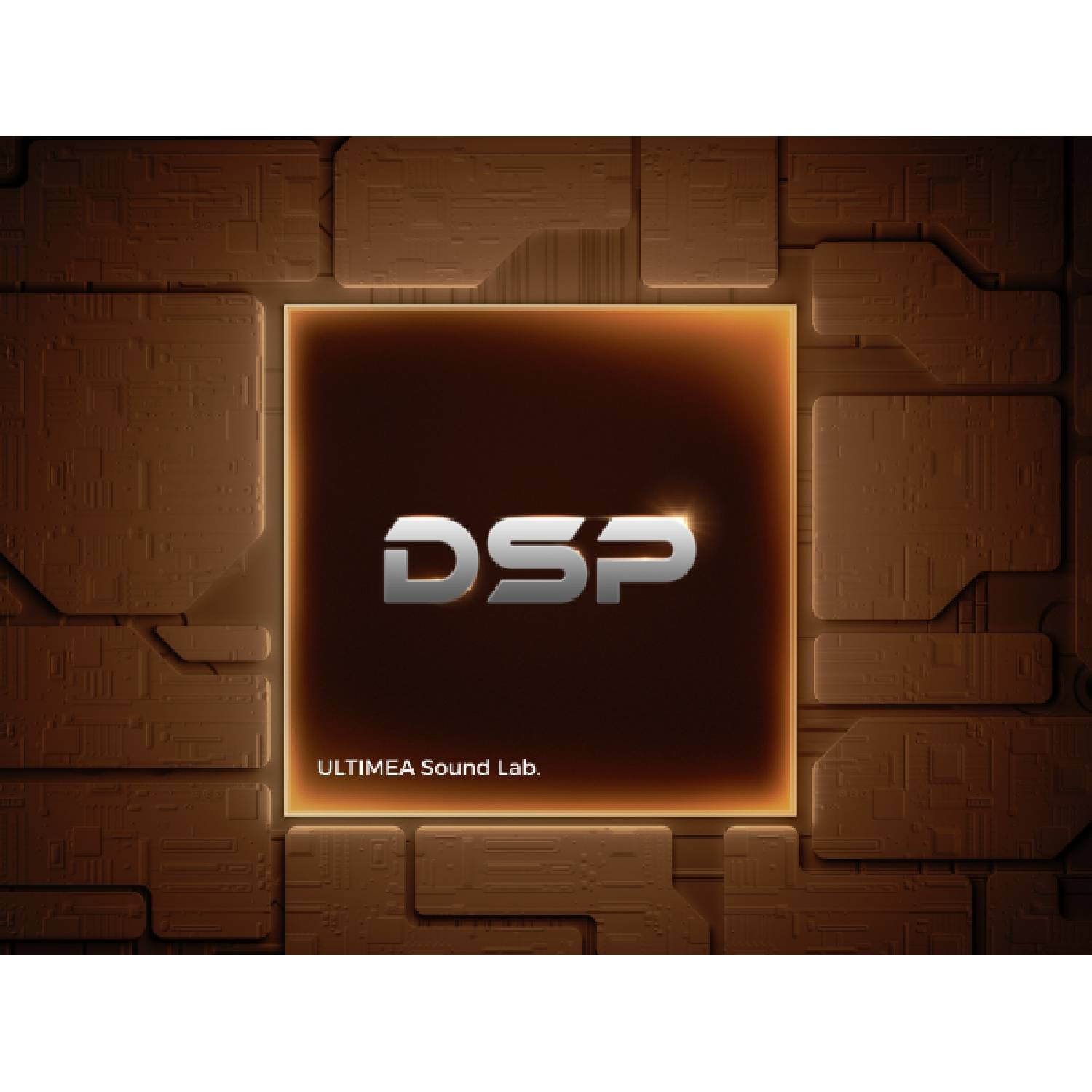 Fond abstrait avec un carré lumineux affichant DSP et ULTIMEA Sound Lab.