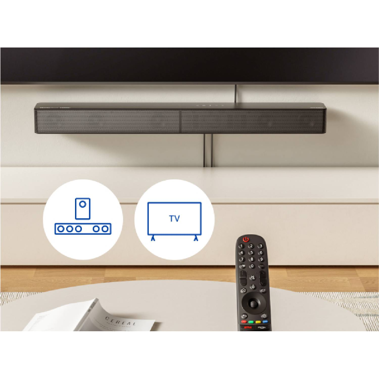 Une barre de son sous une TV avec une télécommande et des icônes.