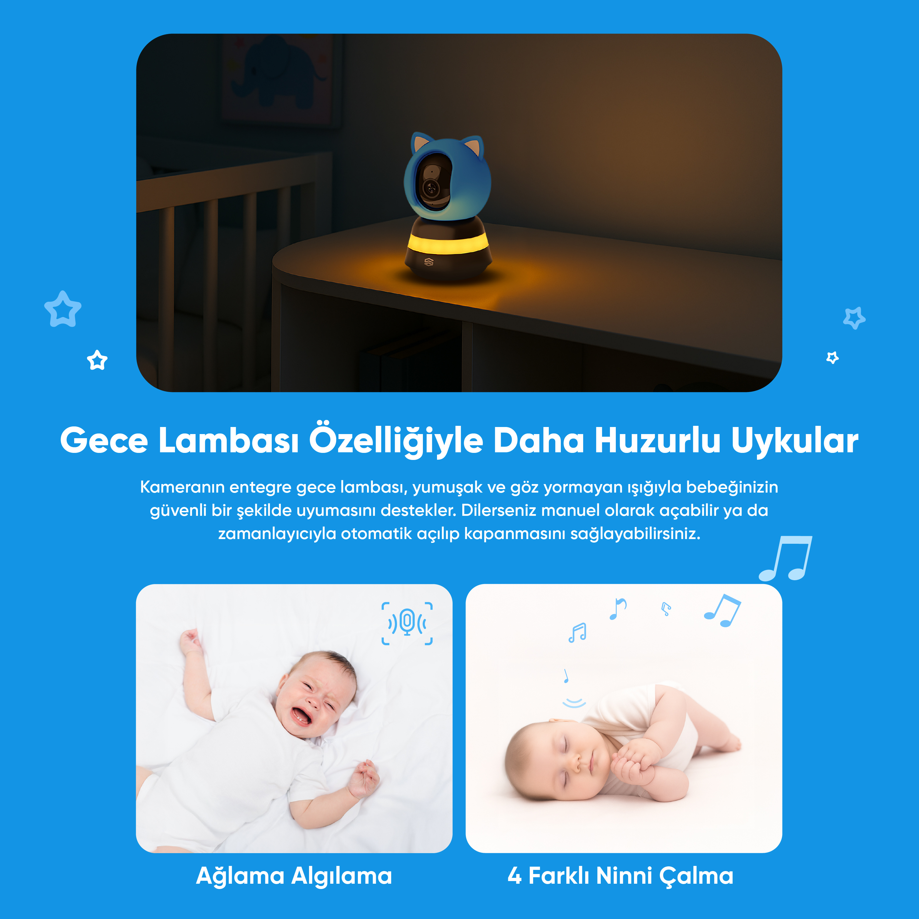 Gece lambalı mavi bebek kamerası ve iki bebek resmi.