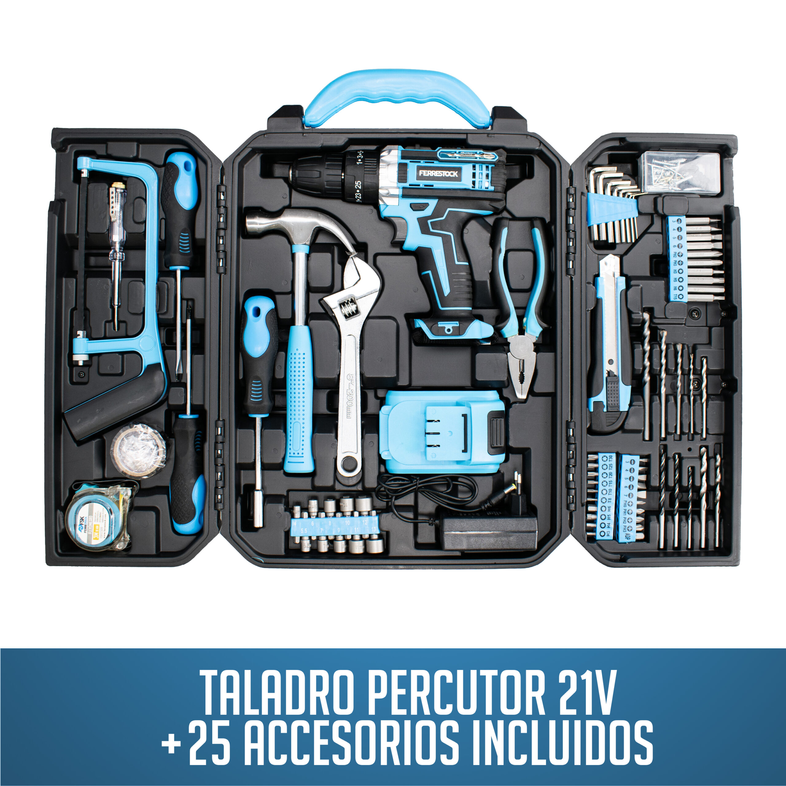 Caja de herramientas con mango azul, llena de herramientas como taladro, martillo, alicates, destornilladores.
