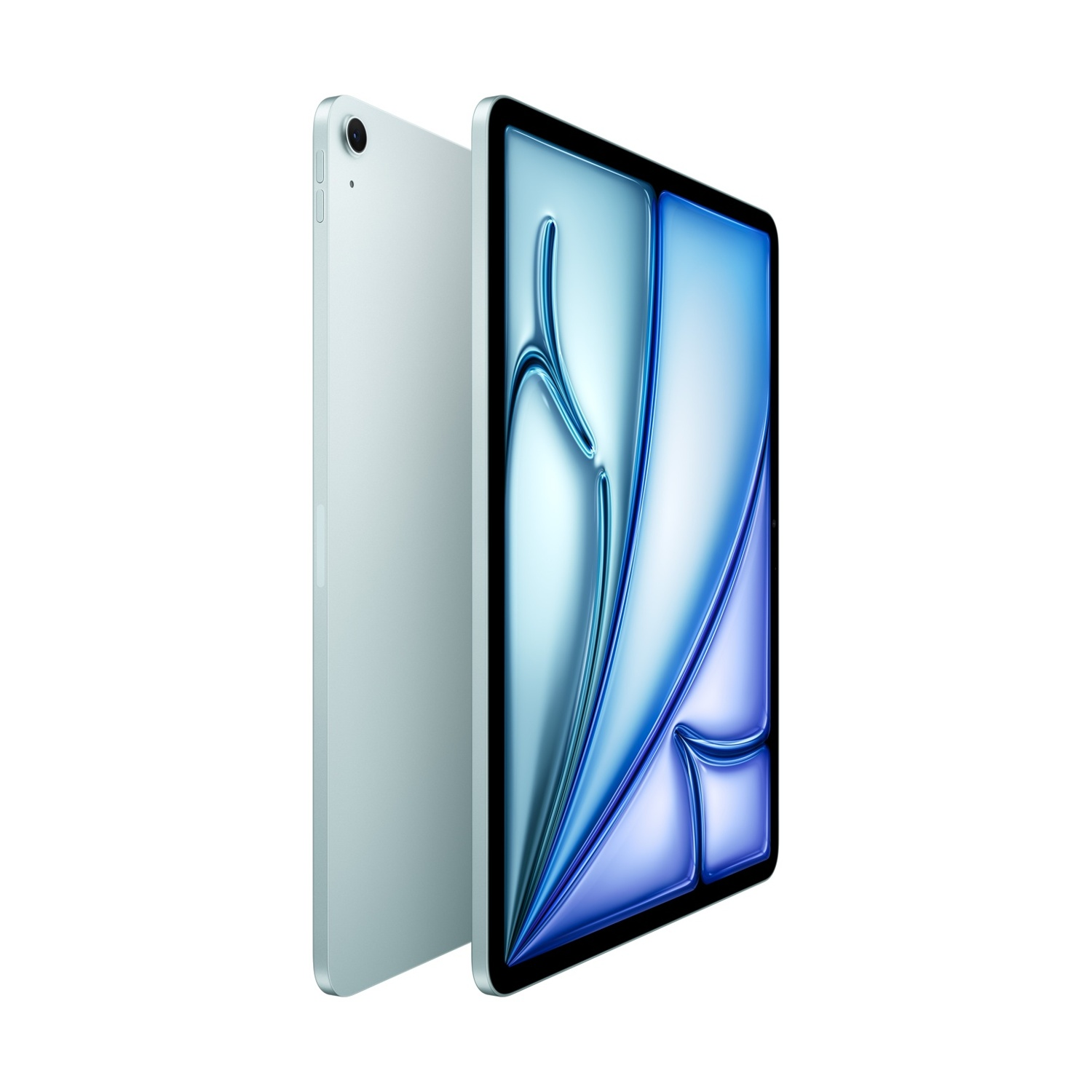 Ein hellblaues Tablet mit einem abstrakten blauen Hintergrund auf dem Bildschirm.