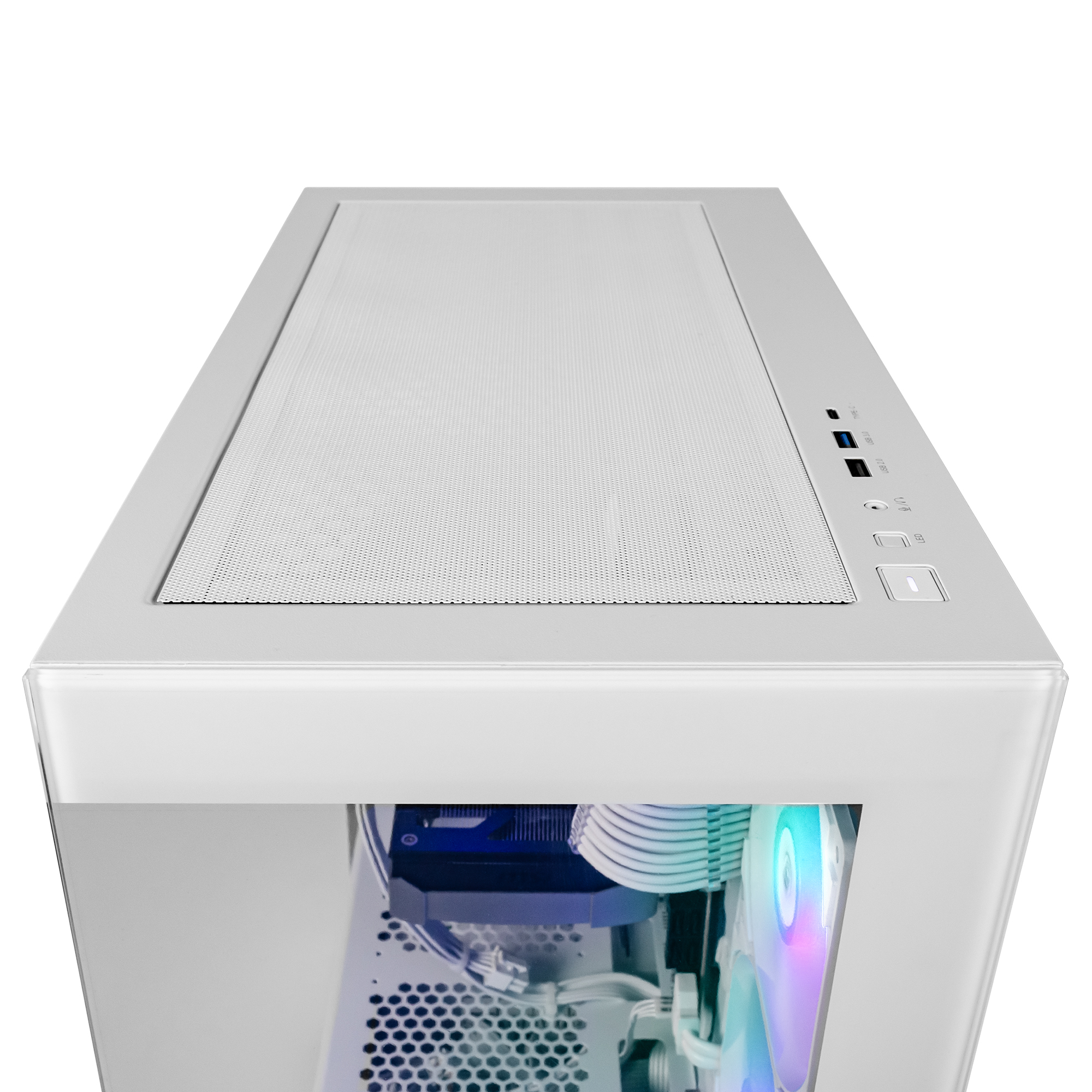 Un case PC bianco con ventola RGB e porte in alto.