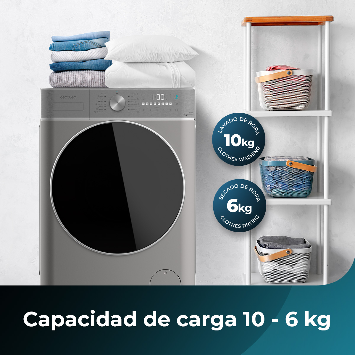 Lavatrice grigia con cesti, vestiti e capacità di 10-6kg.