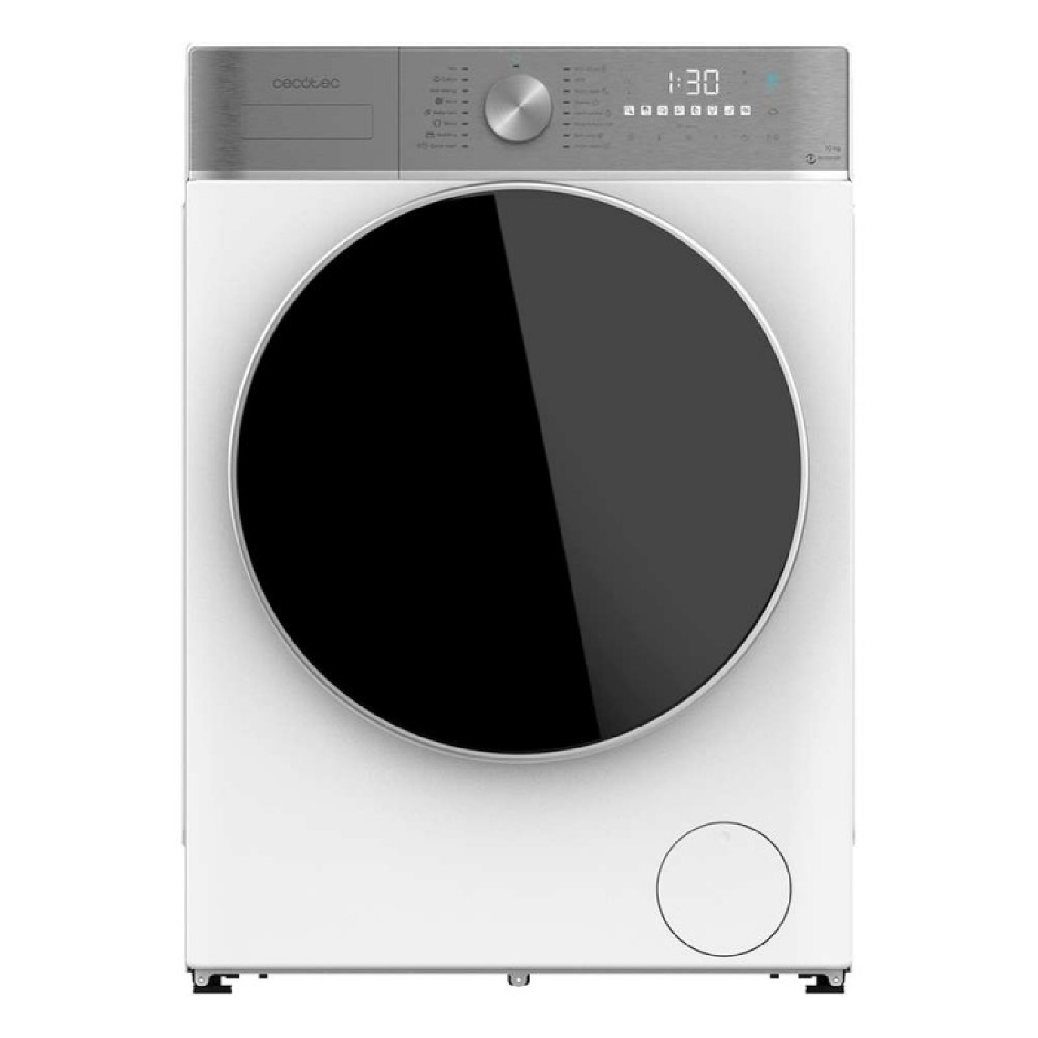 Lavatrice bianca con oblò rotondo nero e display digitale.