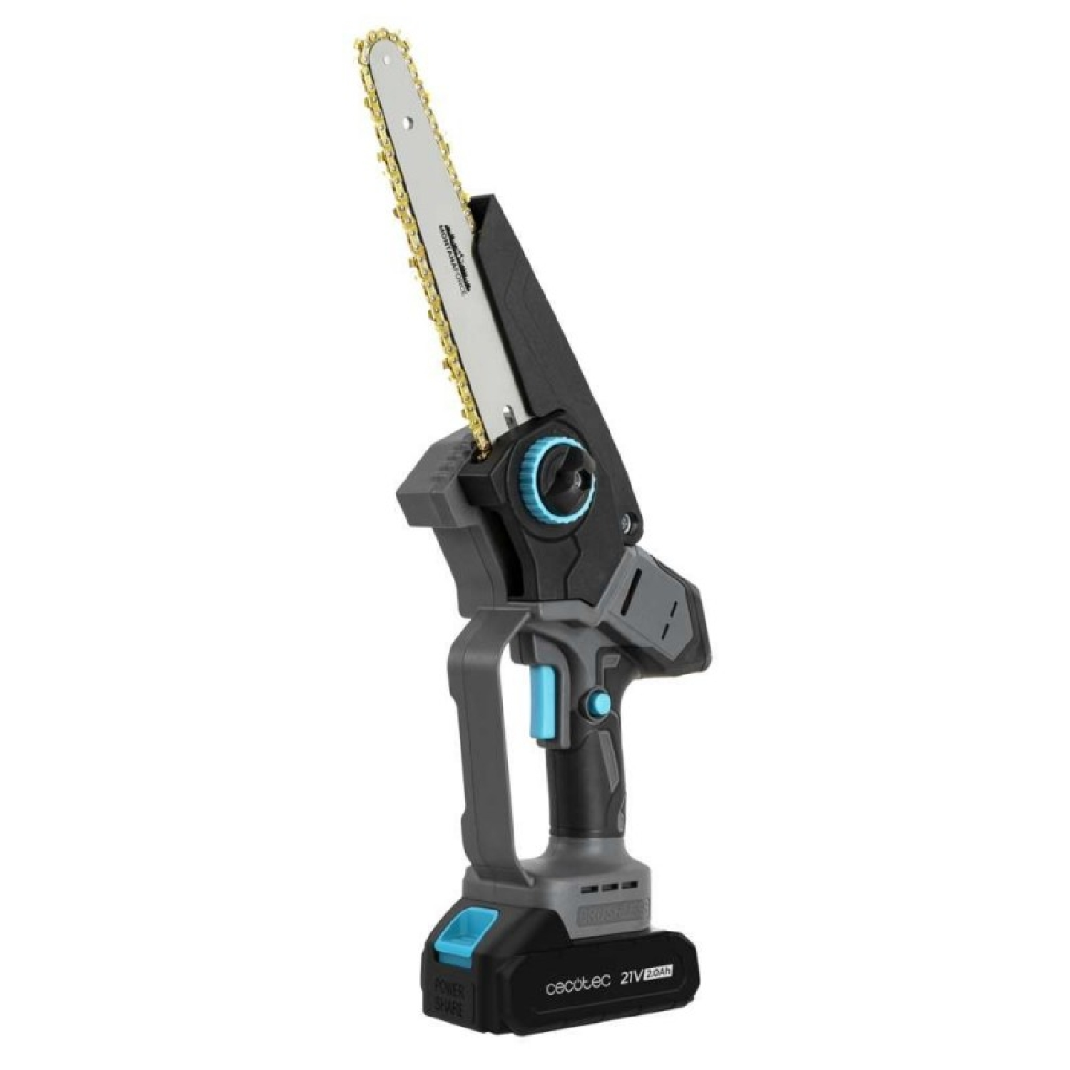 Motosierra inalámbrica compacta con batería y cadena. Negra, gris, azul.