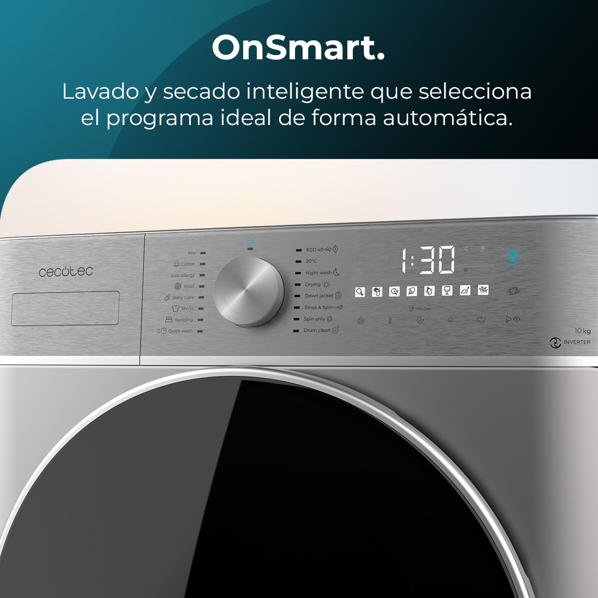 Vista frontale di una lavatrice moderna con pannello digitale e selezione programmi.