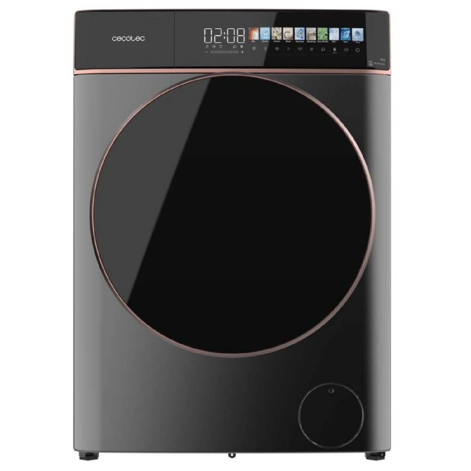 Una lavadora gris moderna con pantalla digital y una gran puerta redonda.