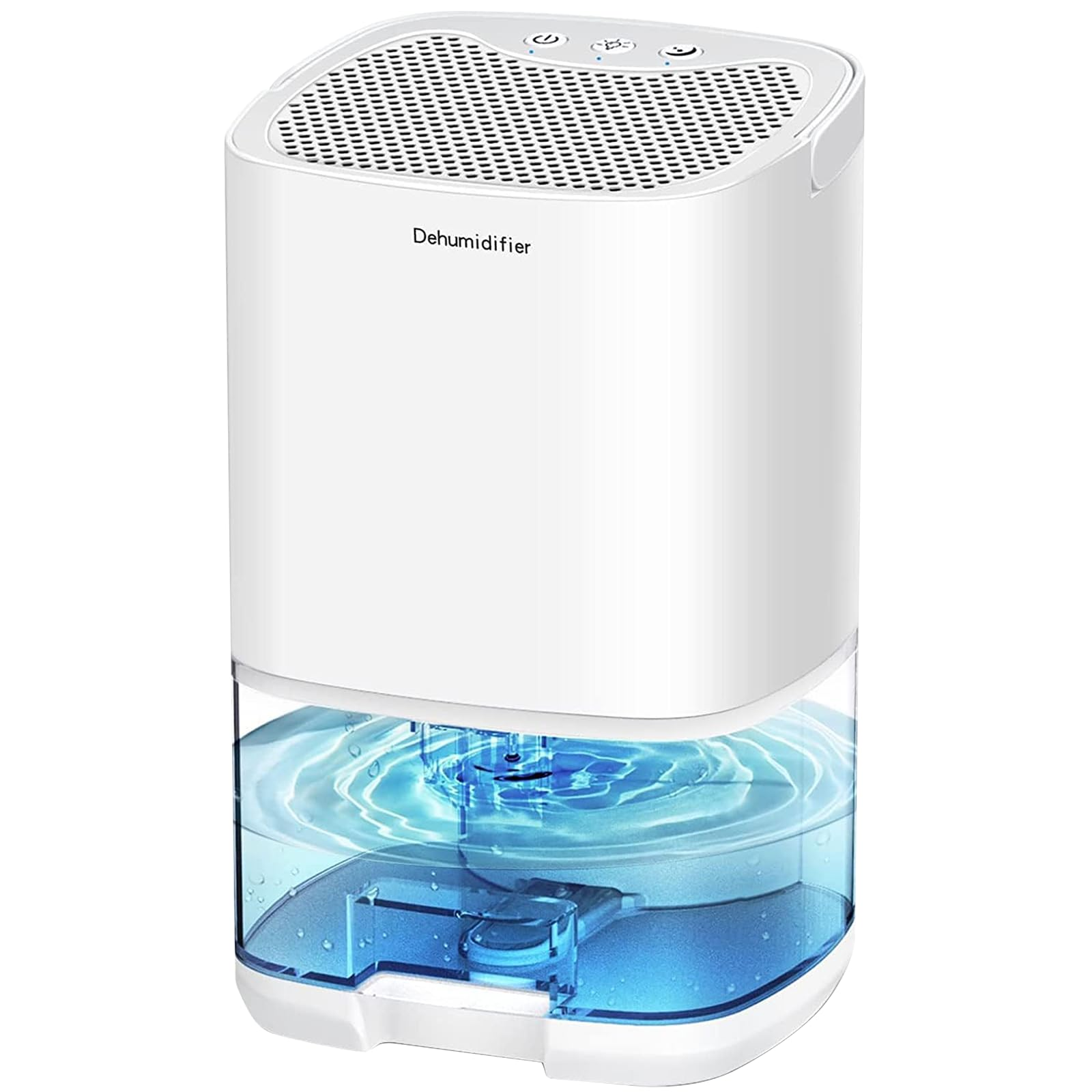 Ein weißer Luftentfeuchter mit blauem Wasserbehälter und Wellenmuster.