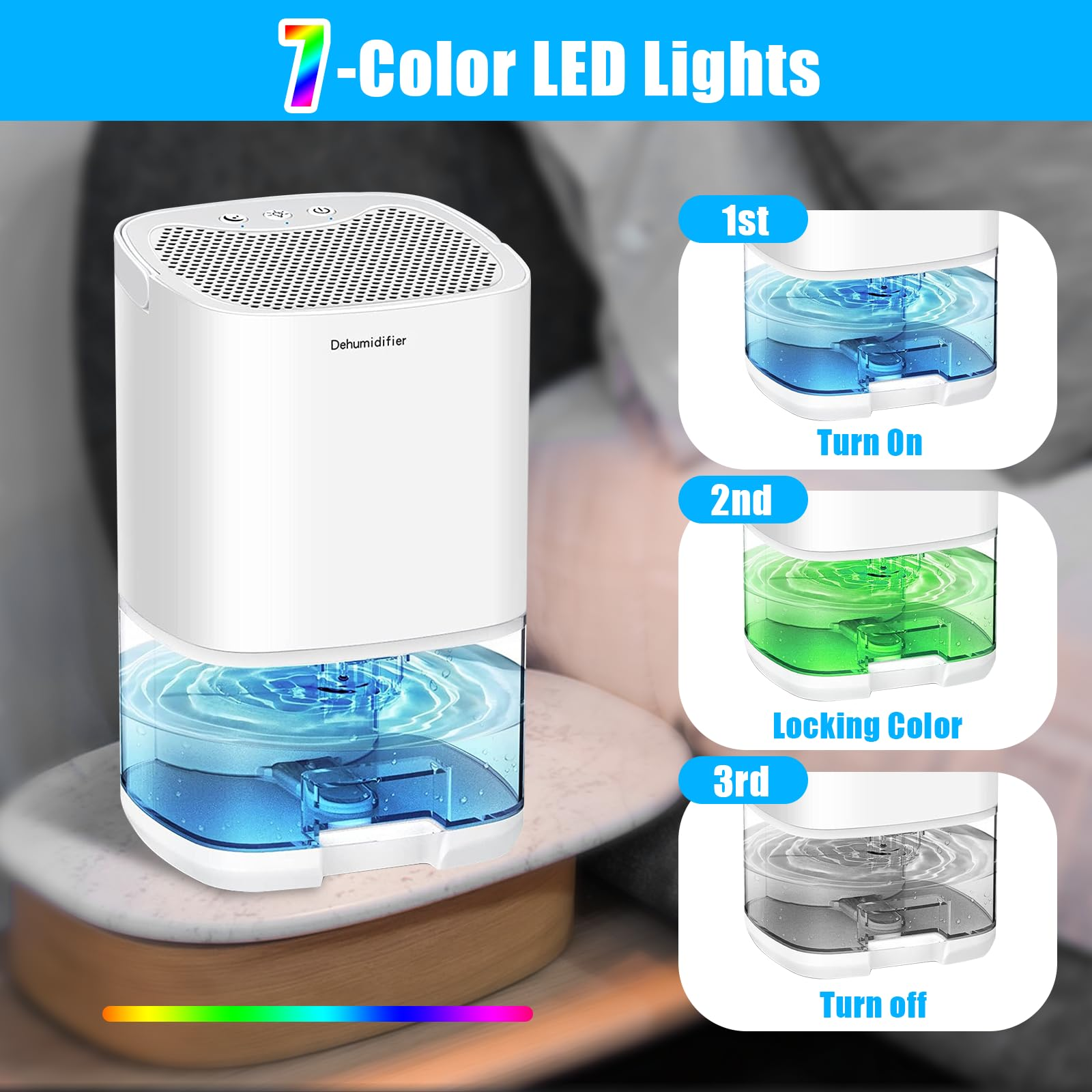 Ein weißer Luftentfeuchter mit blauem Wasser und 7-Farben-LED-Lichtern.