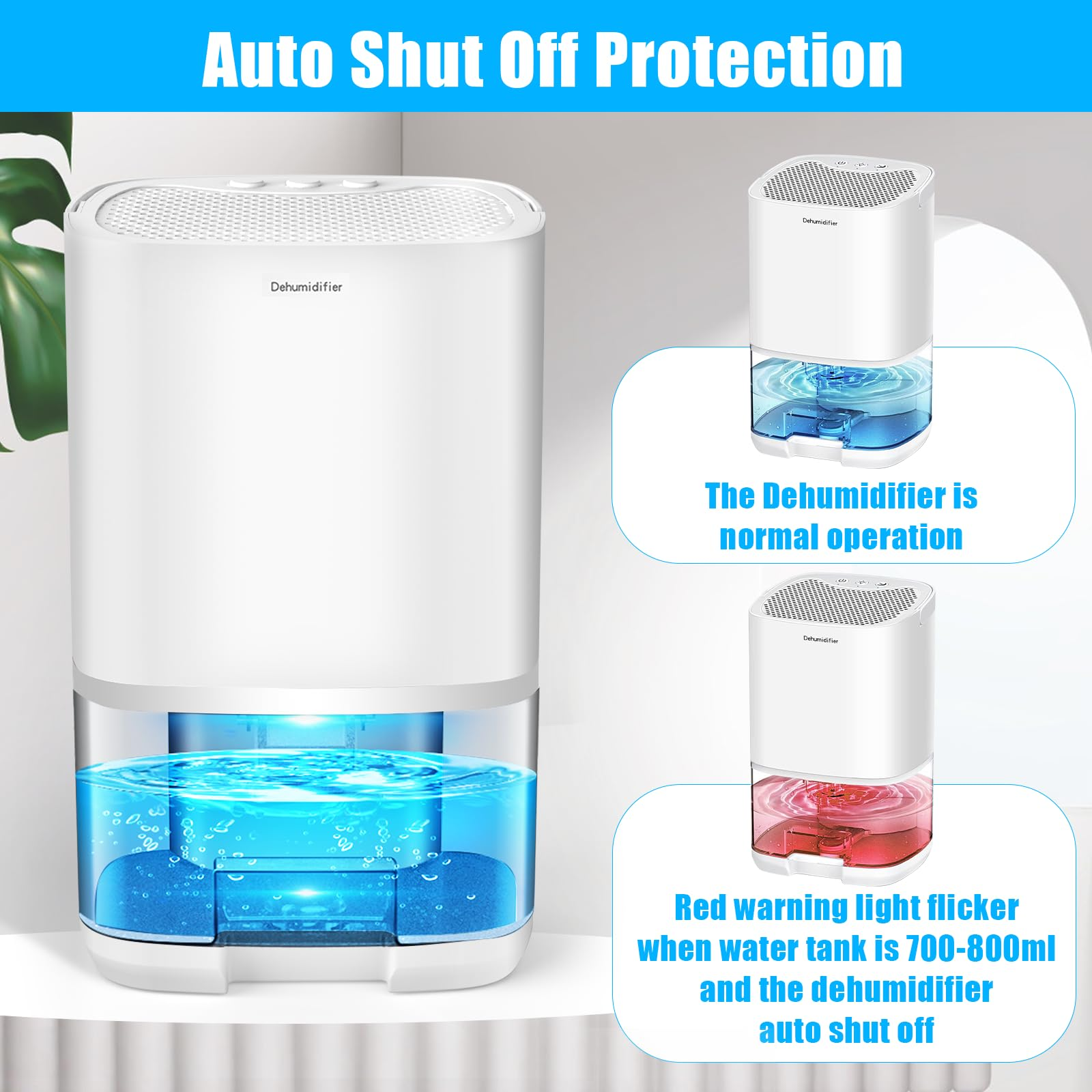 Weißer Luftentfeuchter mit blauem und rotem Wasserbehälter zeigt automatische Abschaltung.